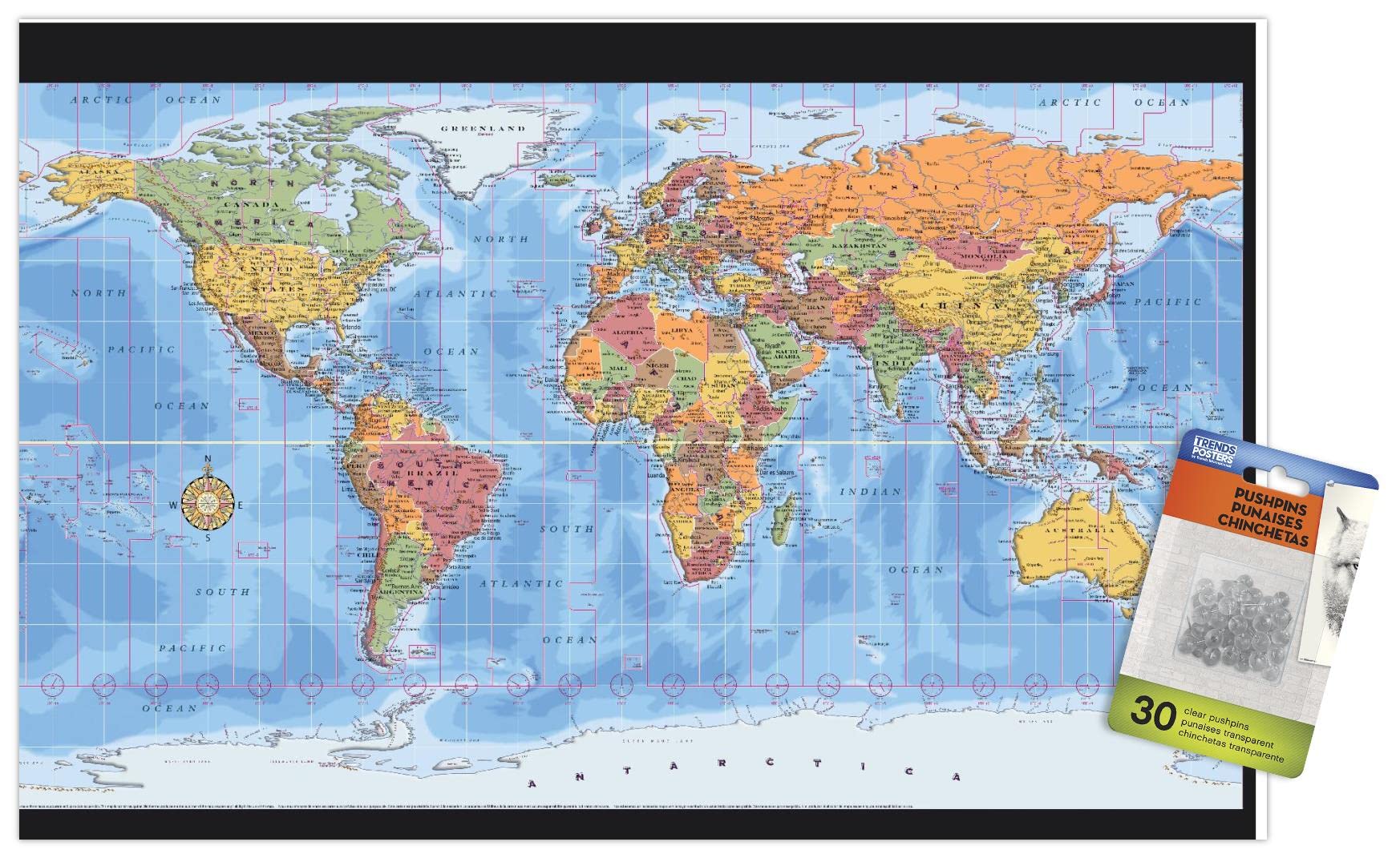 Map - World Time Zones Wall Poster with Push Pins