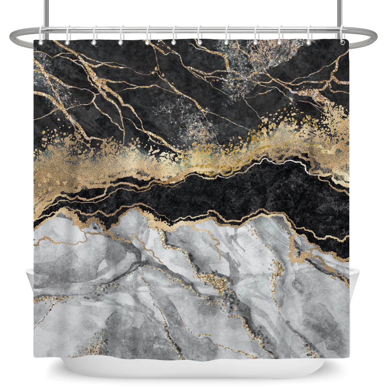 SDOTPMT 48x72 Inches Marble Texture Shower Curtain Gold Powder Sparkling Irregular Gradient Black-White Color Bath Curtain Marvelous Abstract Luxury Polyester Bathroom Curtain with Hooks - Image 4