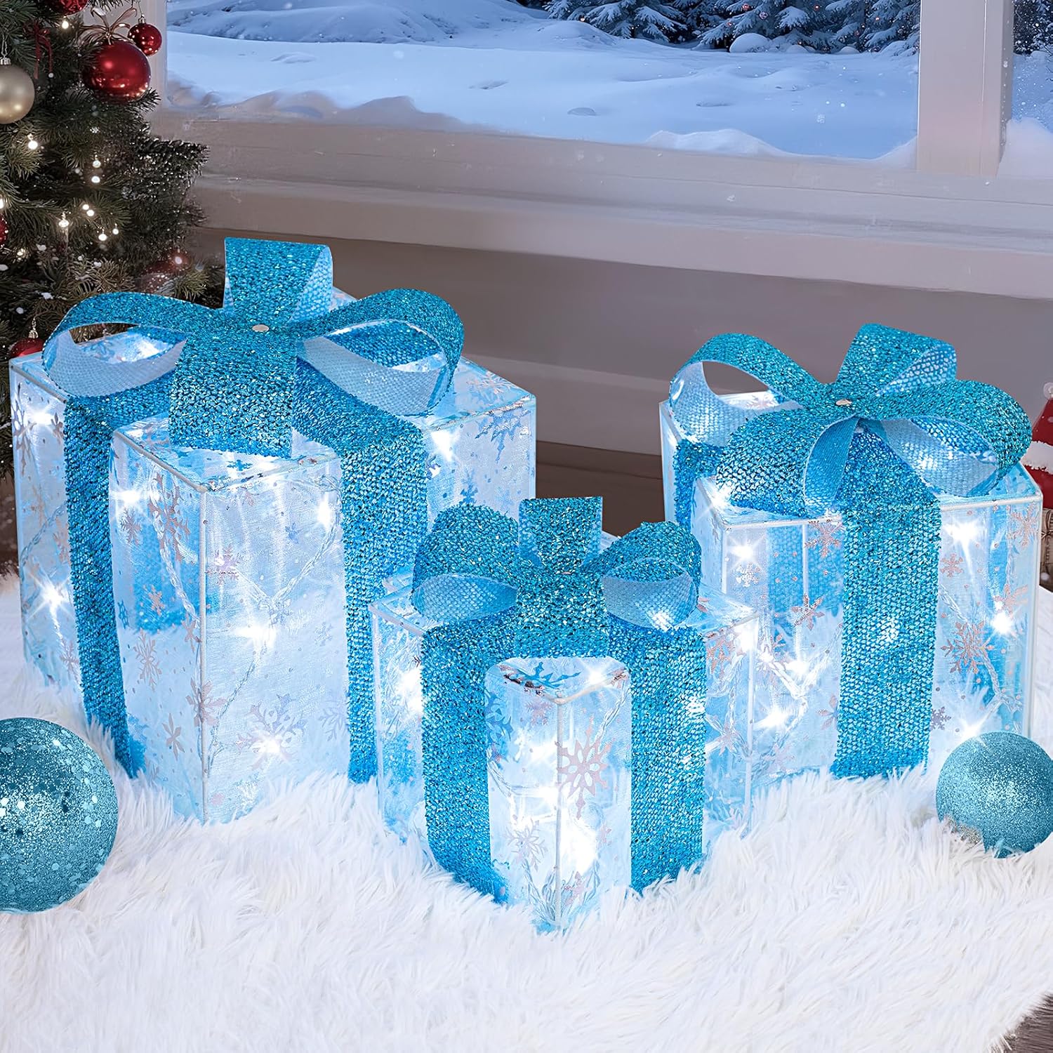 Set of 3 Christmas Lighted Gift Boxes, Indoor Christmas Decor with 60 LED Cool White Mini String Lights, Present Boxes with Bows and Snowflake Design for Xmas Tree Holiday Home Mantel Decor