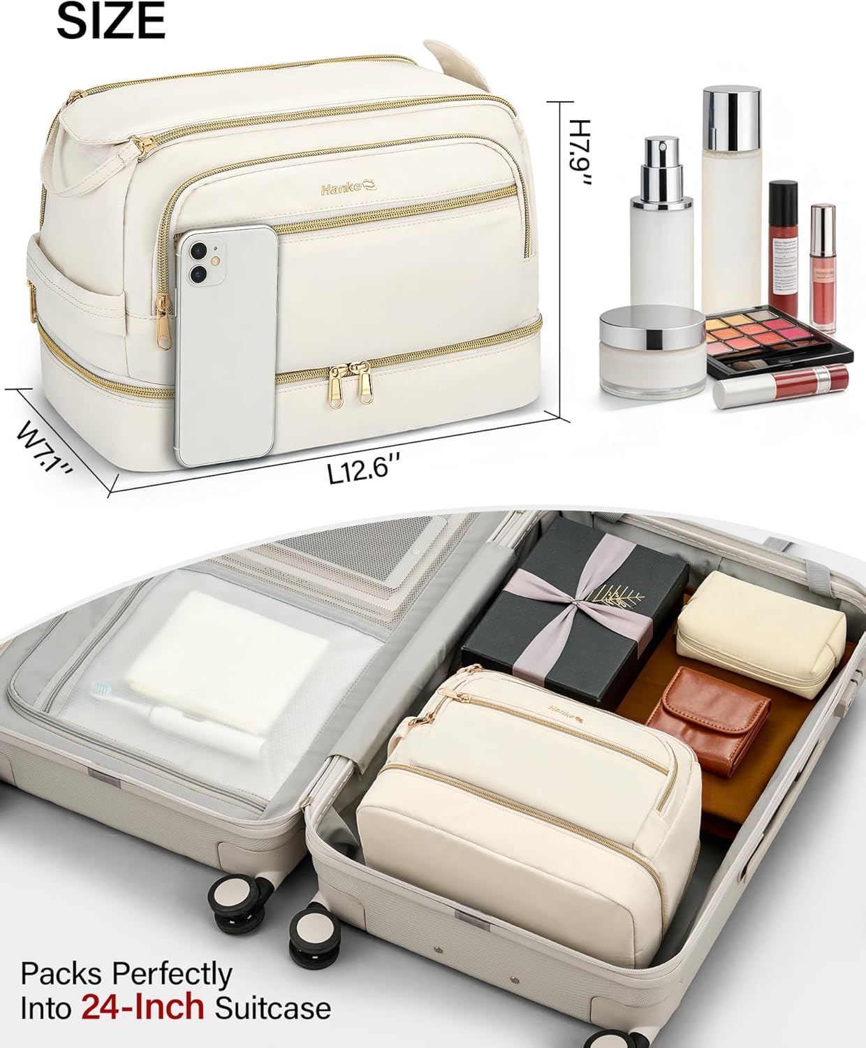 Hanke Travel Toiletry Bag, Lightweight Wide-open Makeup Bag, Dual-Layer Travel Bag for Toiletries Water-Resistant Cosmetic Bags Large Toiletry Bags for Women & Men, Travel Essentials, Off White