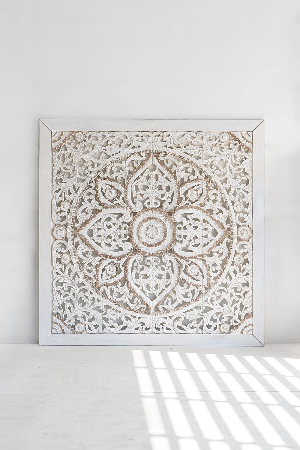 Super King Sized Carved Headboard, Wall Mounted Mandala Wooden Panels, Weathered Brown Rustic Barn Finish, 80 inches