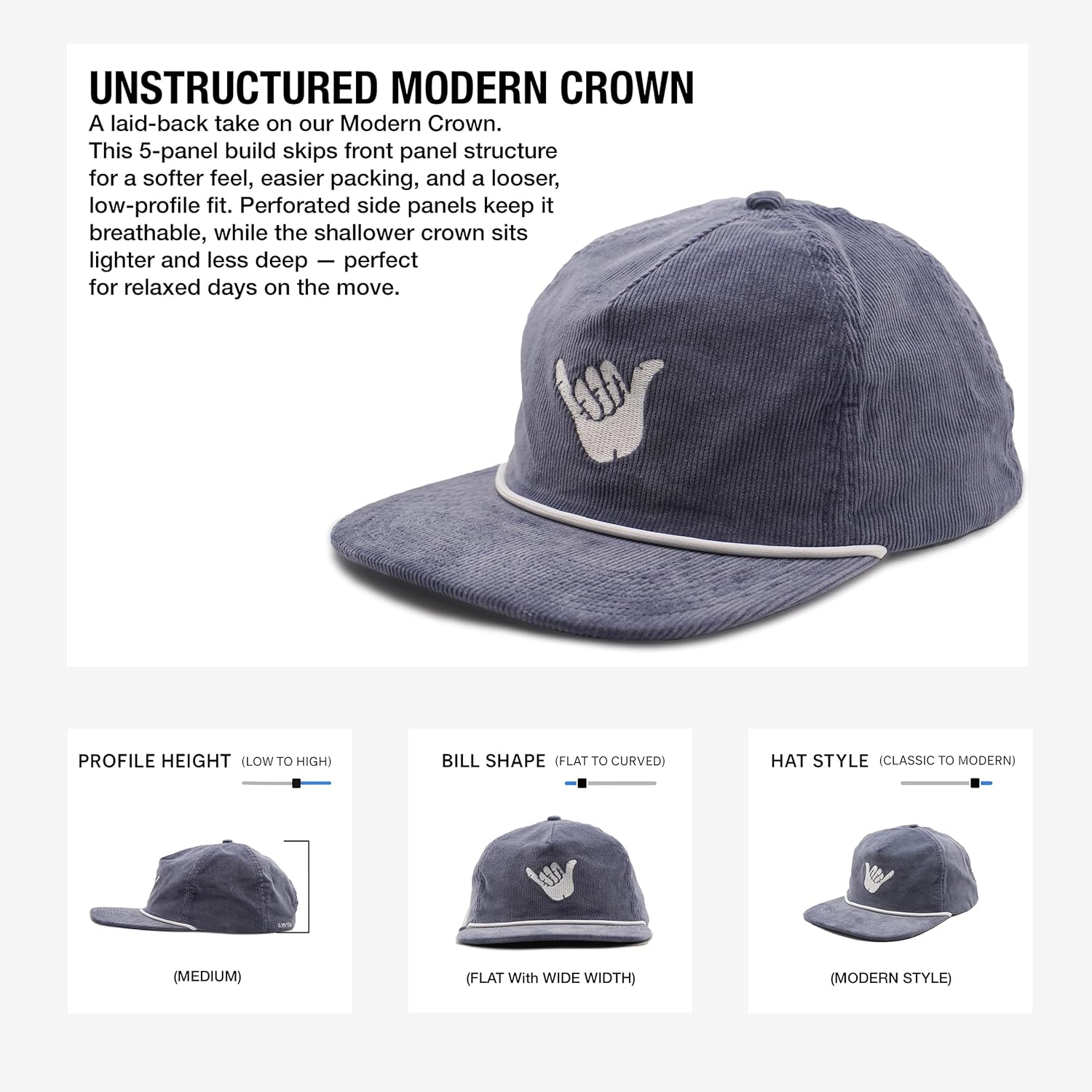 Rather Be Club Rather Be Shaka Corduroy Rope Hat – Unisex Vintage Surf Cap with Embroidered Shaka Hand – Adjustable Metal Buckle Strap Grey - Image 2