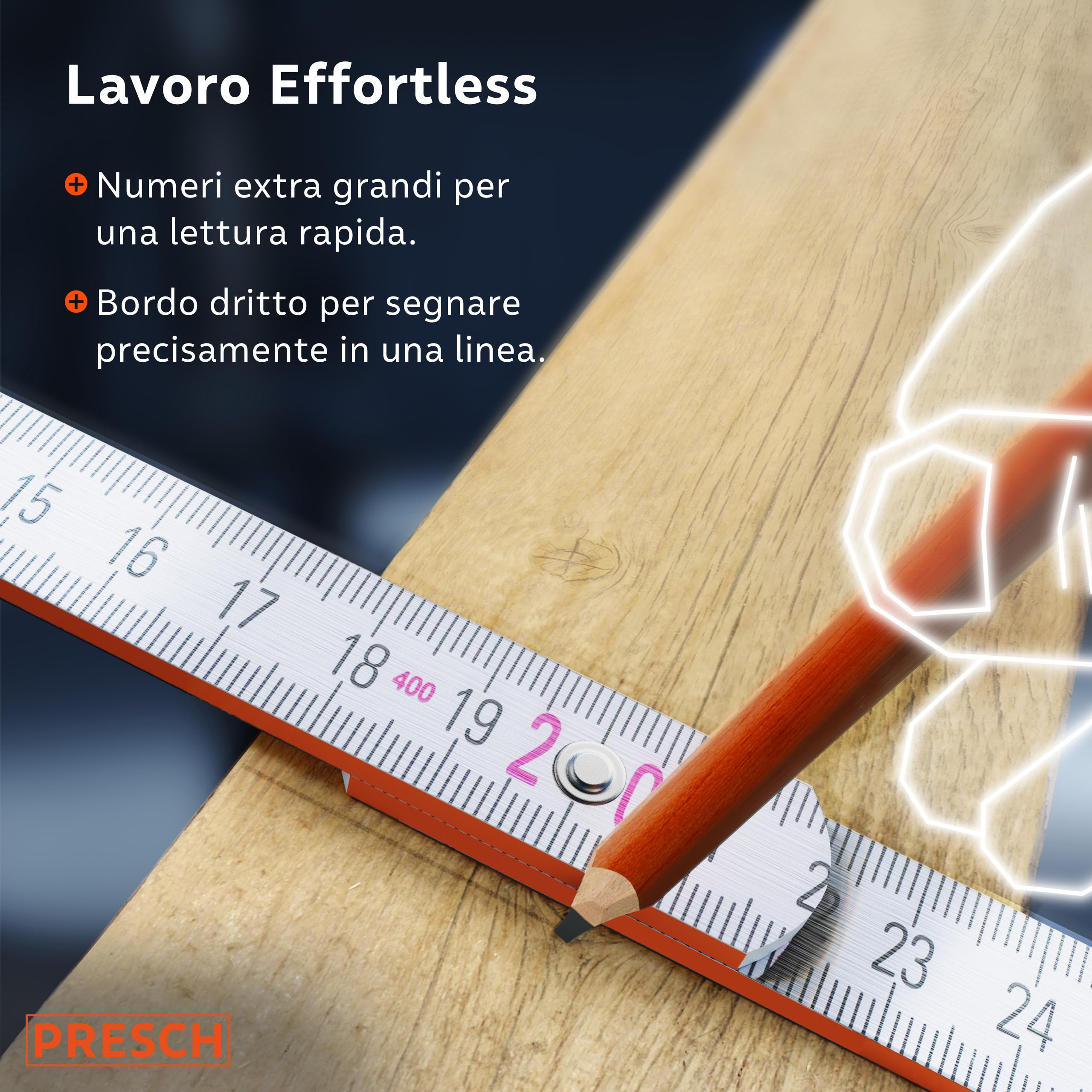 Presch Set di Metri pieghevole da 2 metri con scala degli angoli | 6 pz. | Legno | Arancione/Blu | Numeri grandi e facilmente leggibili | Incastro preciso | Metro legno pieghevole, metro righello