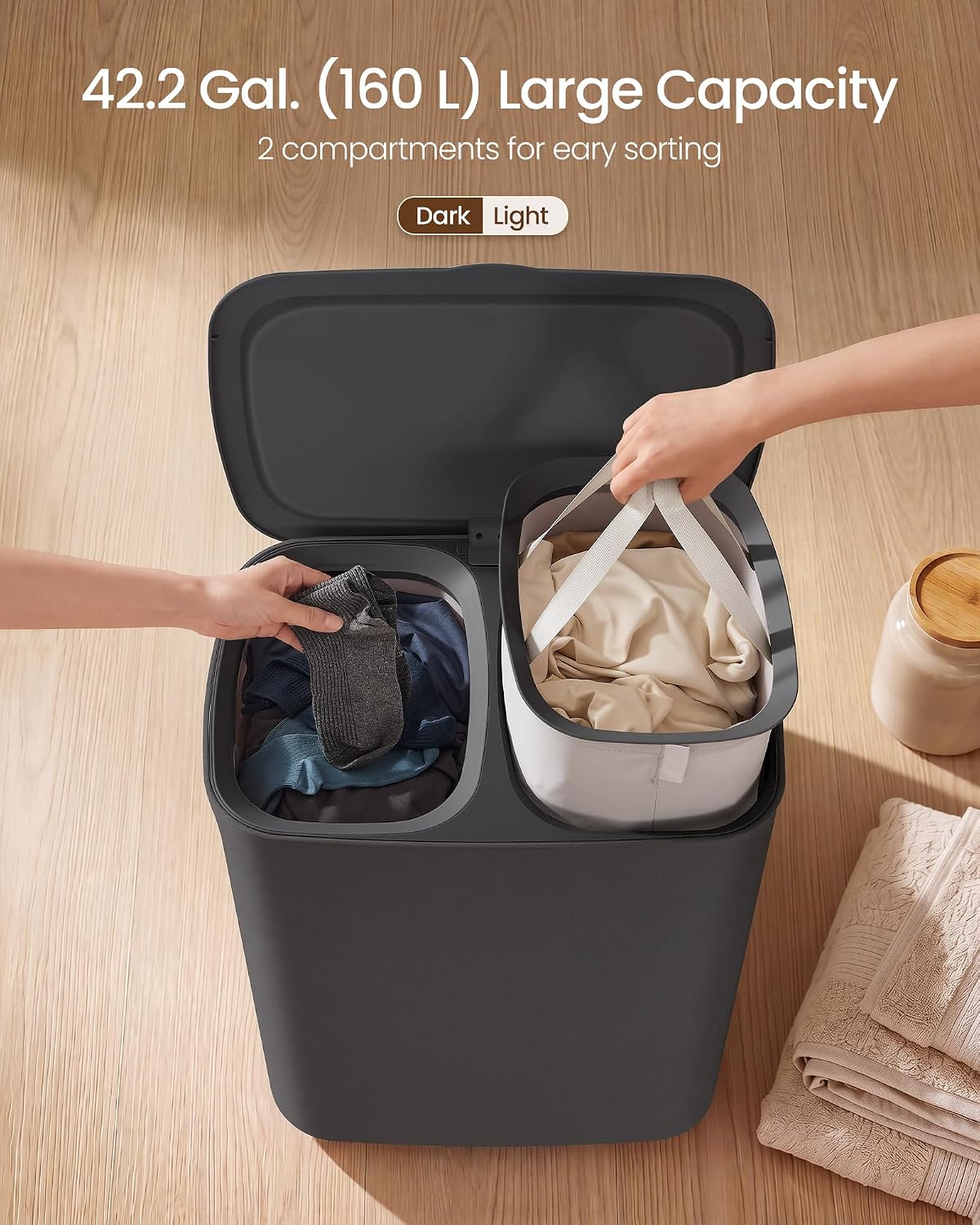 SONGMICS Laundry Hamper with Lid, 160L Double Laundry Basket, Steel Frame image 3
