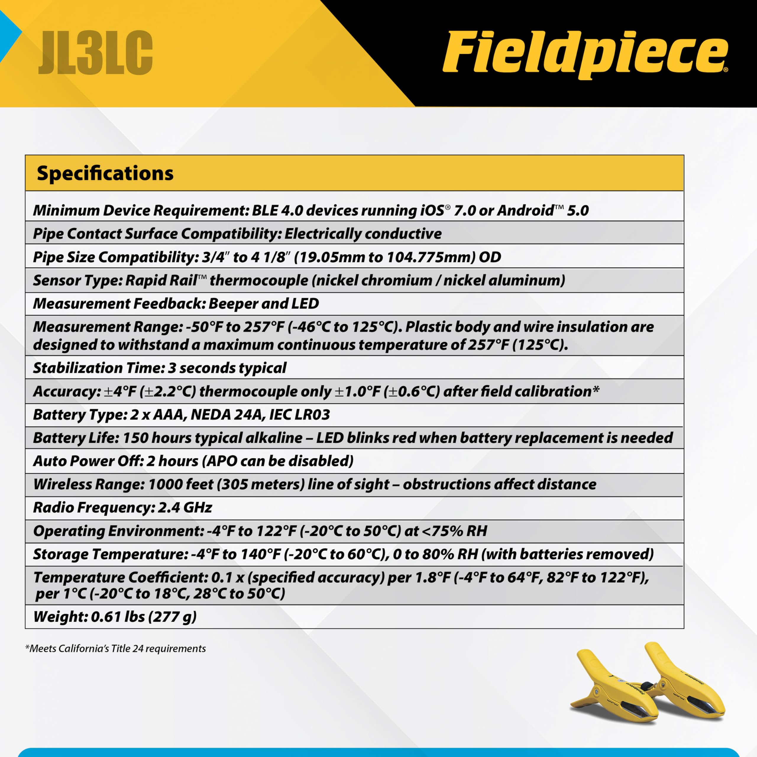 Fieldpiece JL3LC - Sonda de abrazadera de tubo grande