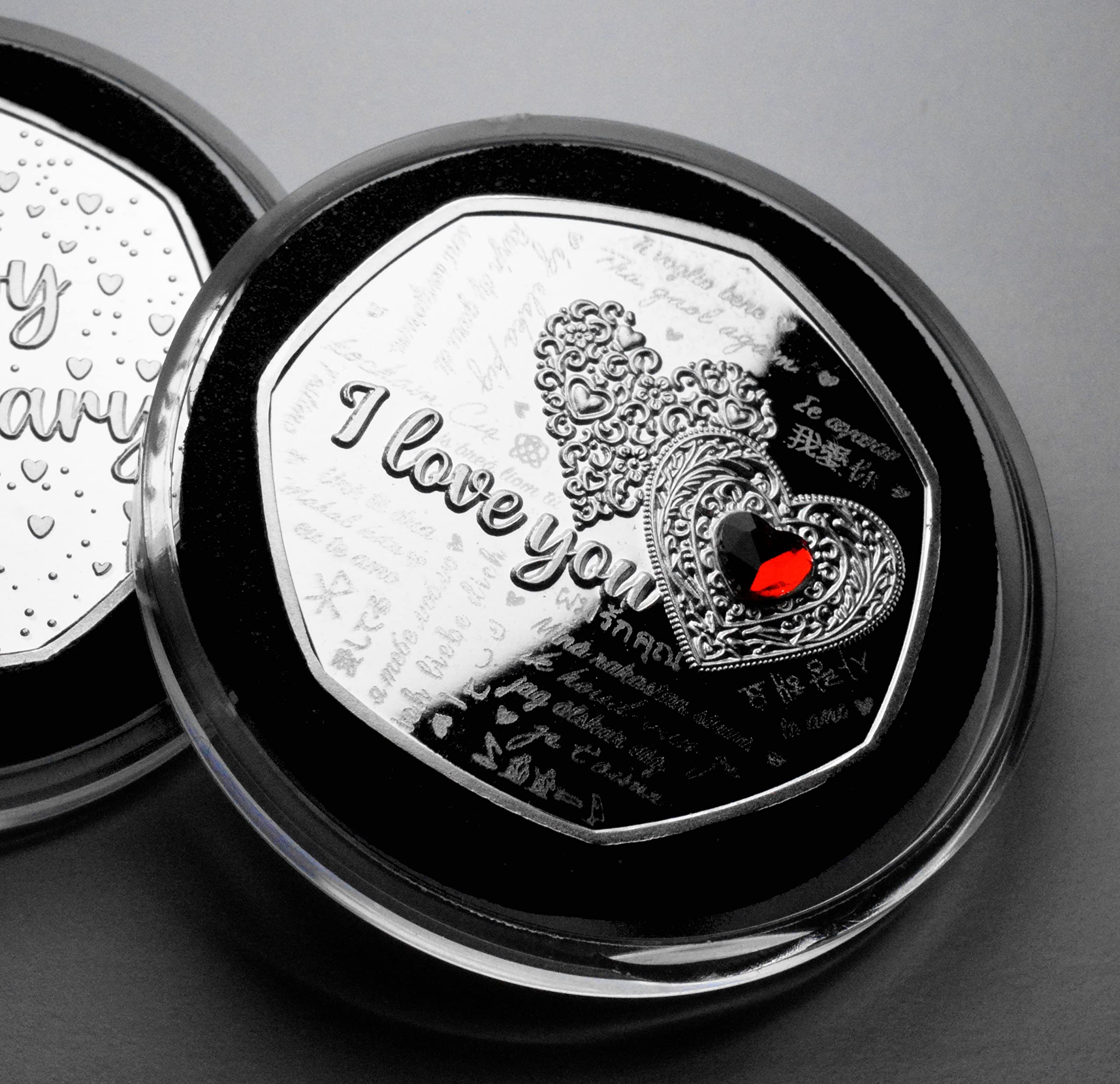 The Commemorative Coin Company Silver Happy Anniversary Commemorative With Inlaid Gemstone. Capsule. Gift/Present Marriage. Husband/Wife/Partner/Boyfriend/Girlfriend. I Love You