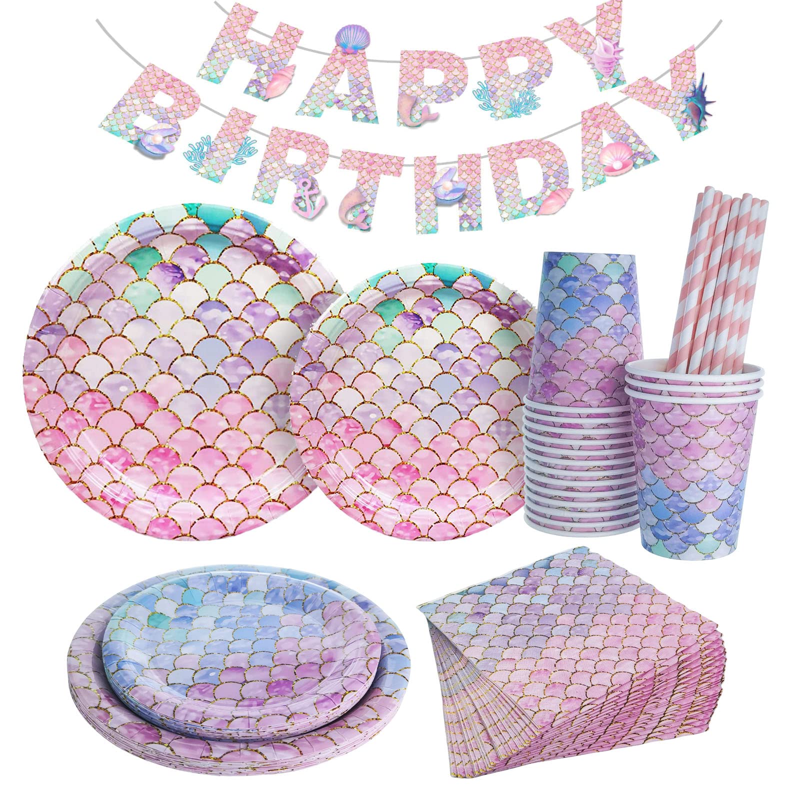 Ensemble Vaisselle Fête Sirène 69 Pièces - Service Anniversaire Pour 16 Invités Thème Sirène