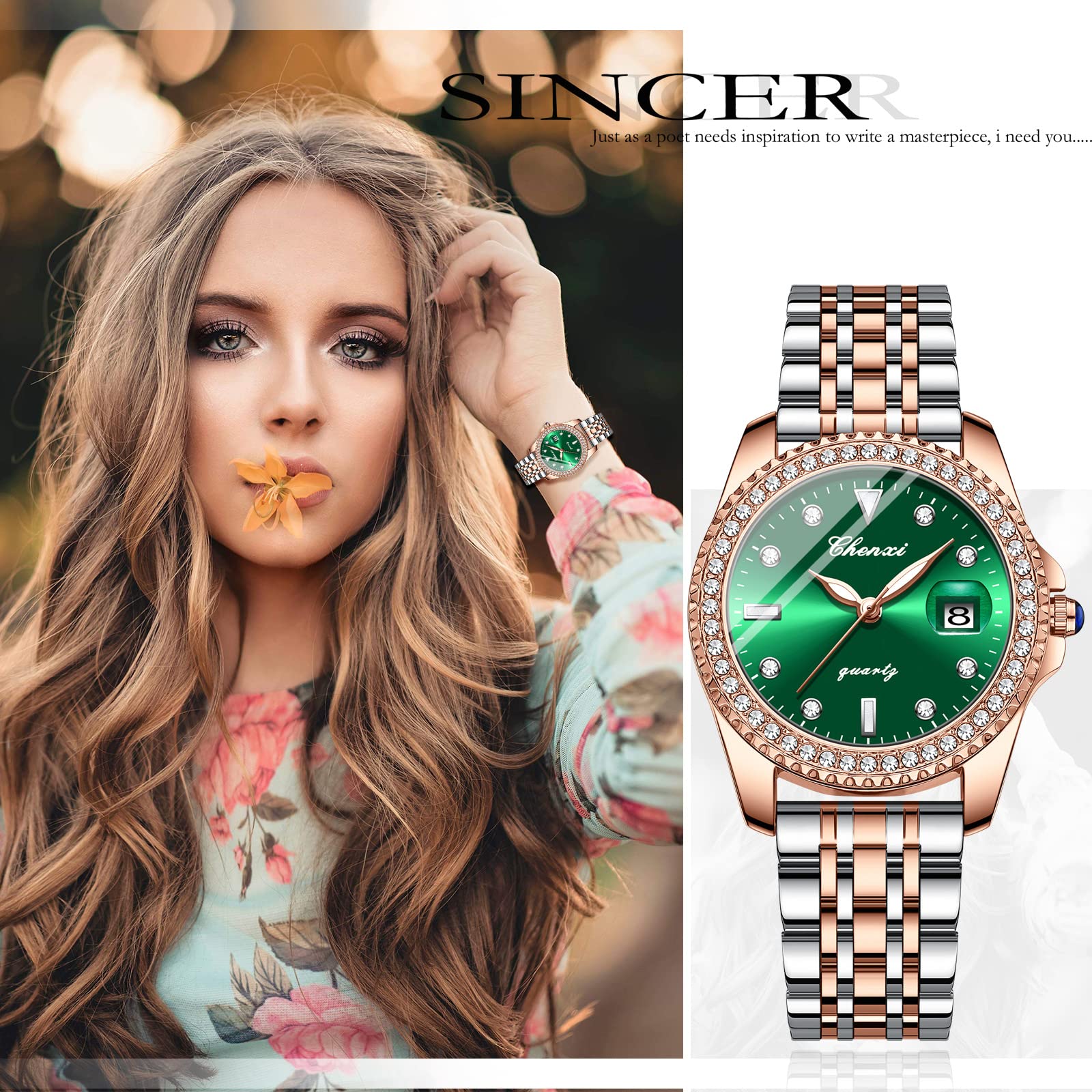 JewelryWe Uhren Damen Analog Quarz Armbanduhr Klassisch Elegant Strass Rechteckig/Rund Datum Kalender 30m Wasserdicht Geschäfts Beiläufige Uhr mit Echtleder Leder Armband