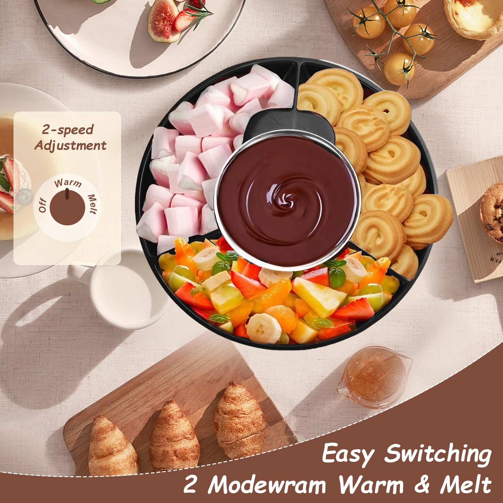 Juego de Fondue de Chocolate Eléctrica 25W 280ML, Derretidora de Chocolate con 2 Ajustes de Temperatura: Derretir y Mantener Caliente, 5 Tenedores para Fiestas y Reuniones Familiares