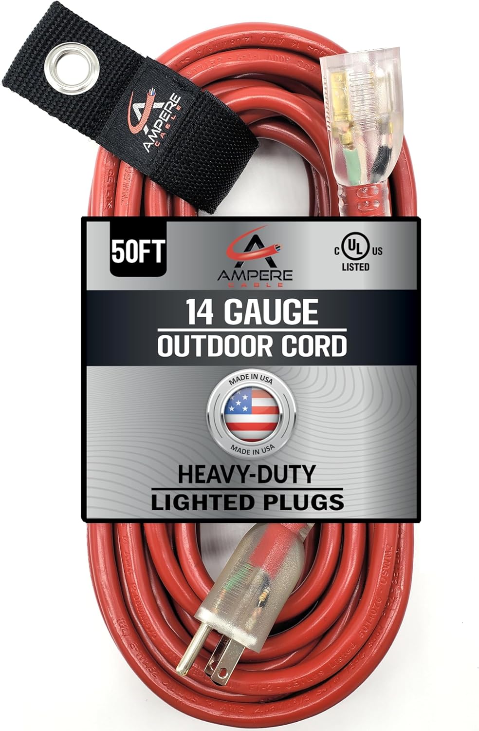 15 ft - 14 Gauge Extension Cord Outdoor - Made in USA - Lighted on Both Ends - Red Outdoor Extension_Cord Waterproof by Anthem Cable - Heavy Duty ExtensionCord 15 ft 15 Amp Extension