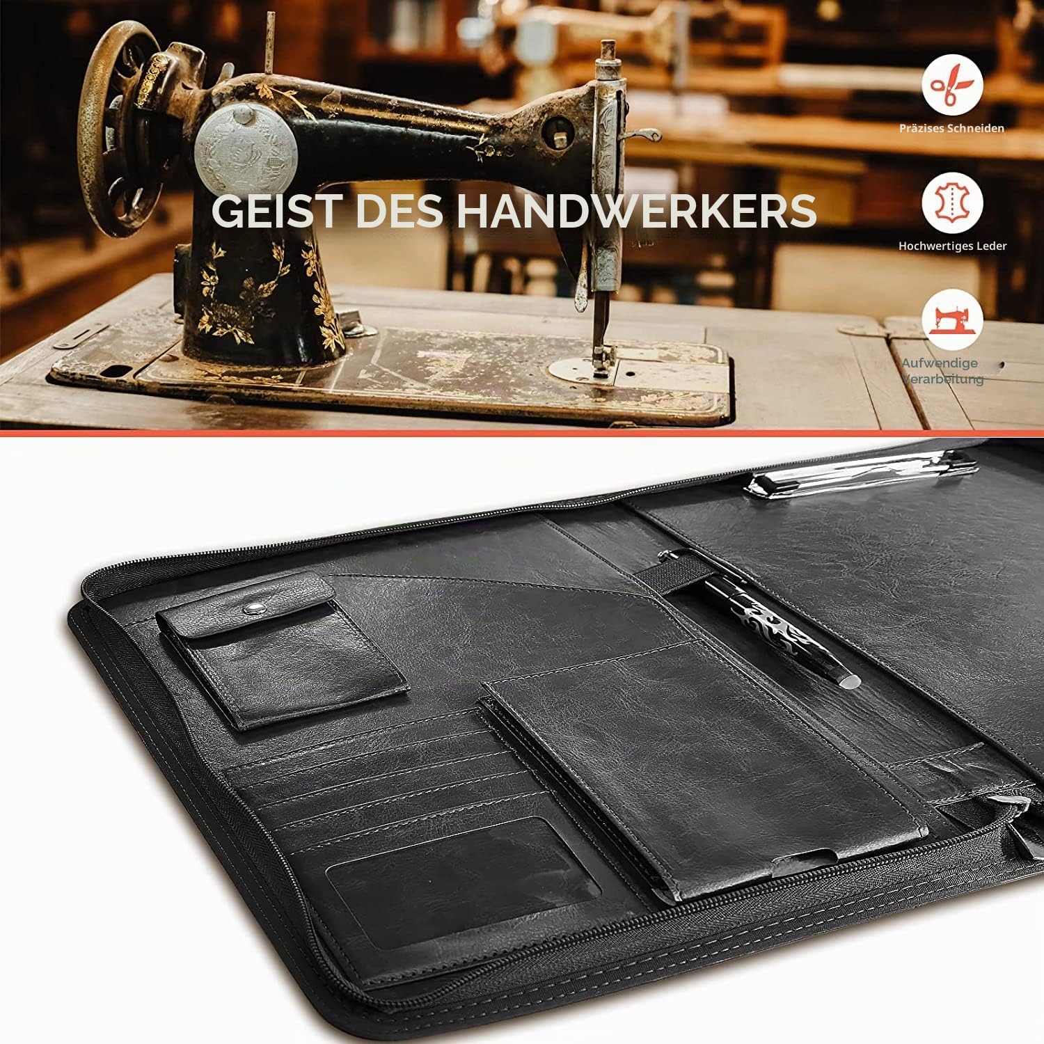 NEWYES NY-A403-BL-EU Konferenzmappe aus Leder, mit Reißverschluss, A4, Reisedokumentenmappe, Portfolio-Reisetasche, persönlicher Agenda-Organizer, 33,5 cm x 25 cm x 3,5 cm, Schwarz-Weiß