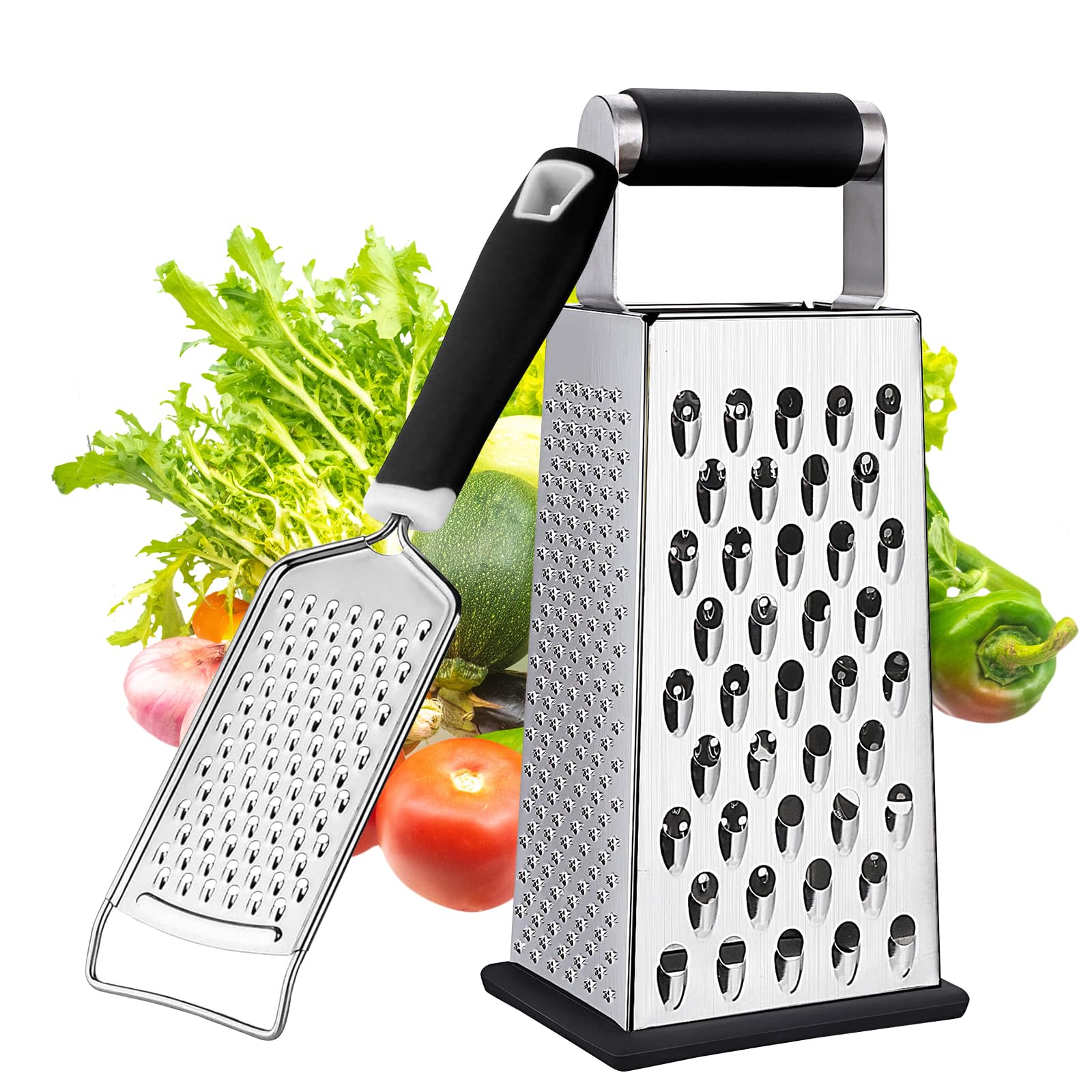 Cheese Grater - 2 Pack Box Grater & Kitchen Grater with Handle, Stainless Steel Vegetable Slicer & Food Shredder, 4-Sided Graters for Kitchen, Lemon Zester, Essential Kitchen Gadgets