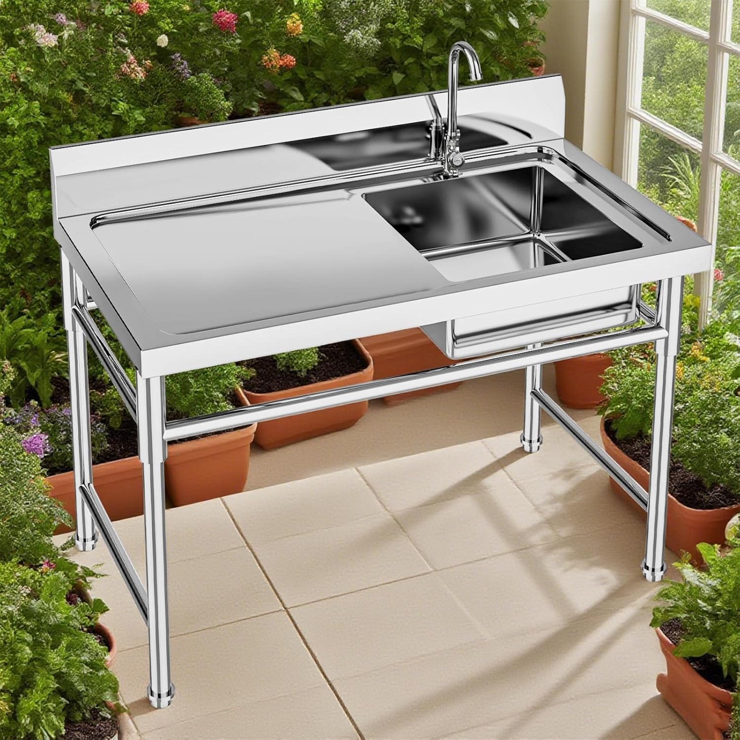 Stainless Steel Utility Sink, Commercial Kitchen Prep Utility Sink with Drainboard & Faucet, Free Standing Sink Stainless Steel Sink with Prep Table Large Single Bowl