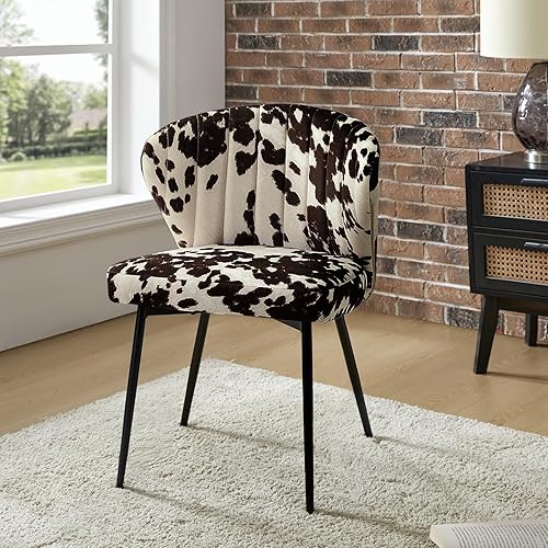 HULALA HOME Silla de comedor moderna sin brazos, piel de vaca con estampado de animales, silla auxiliar tapizada con patas de metal negro, silla de