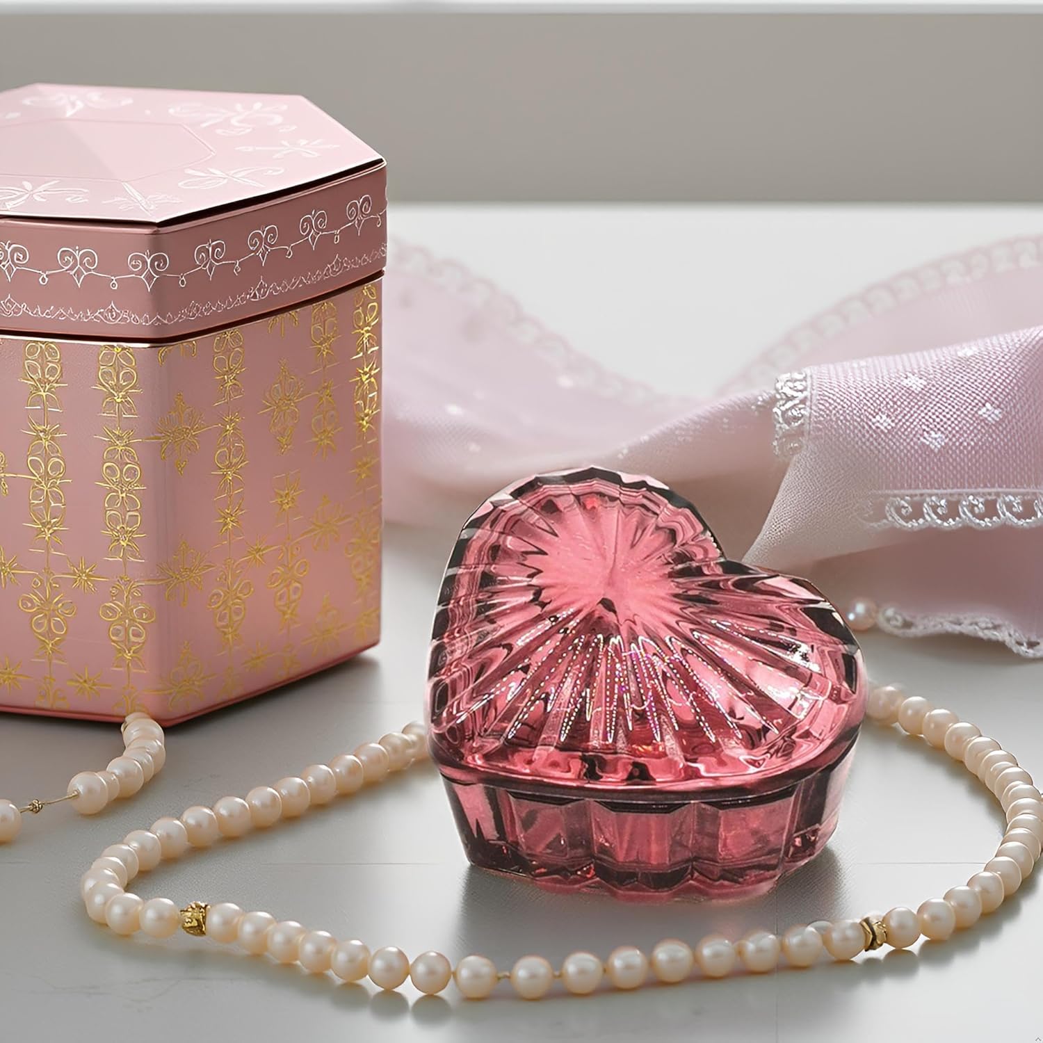 Glass Jewelry Box Heart Shape Cute Box for Storage Ring Earring Trinket Vintage Jewelry Organizer Decorative Gift for Women Girls, 3.5x2.95x1.7 IN-GRB006-Red - Image 5