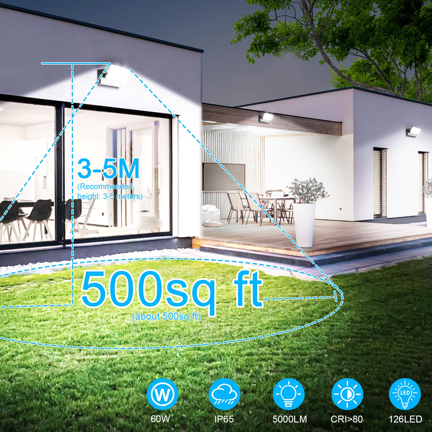 ledmo 4 Pezzi 60W Applique da Parete Esterno/Interno 360° Lampade da Esterno Regolabile Applique Esterni per Terrazza Corridoio Giardini, Nero, 126 LEDs, 5000 Lumen, Bianco Freddo 6000K, IP65