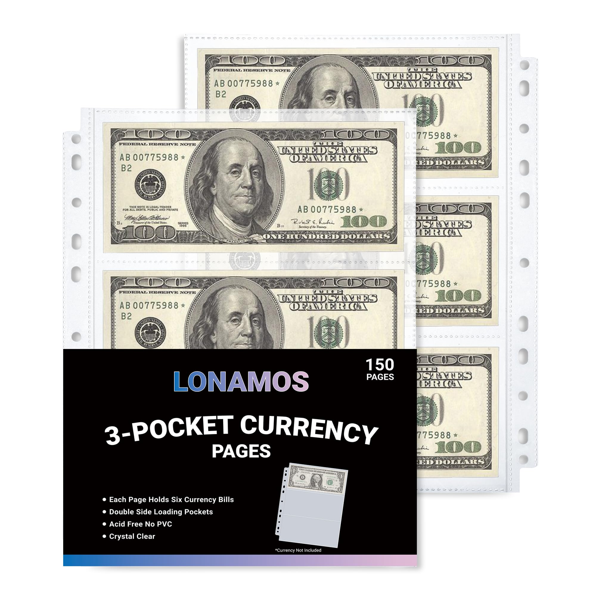 150-Sheets Double-Side 3-Pocket Currency Pages - 11 Holes for Currency Binder, 900 Pockets Paper Money Collection Pages for Dollar Bills, Banknotes and Coupons, Currency Sleeves Collecting Album Pages