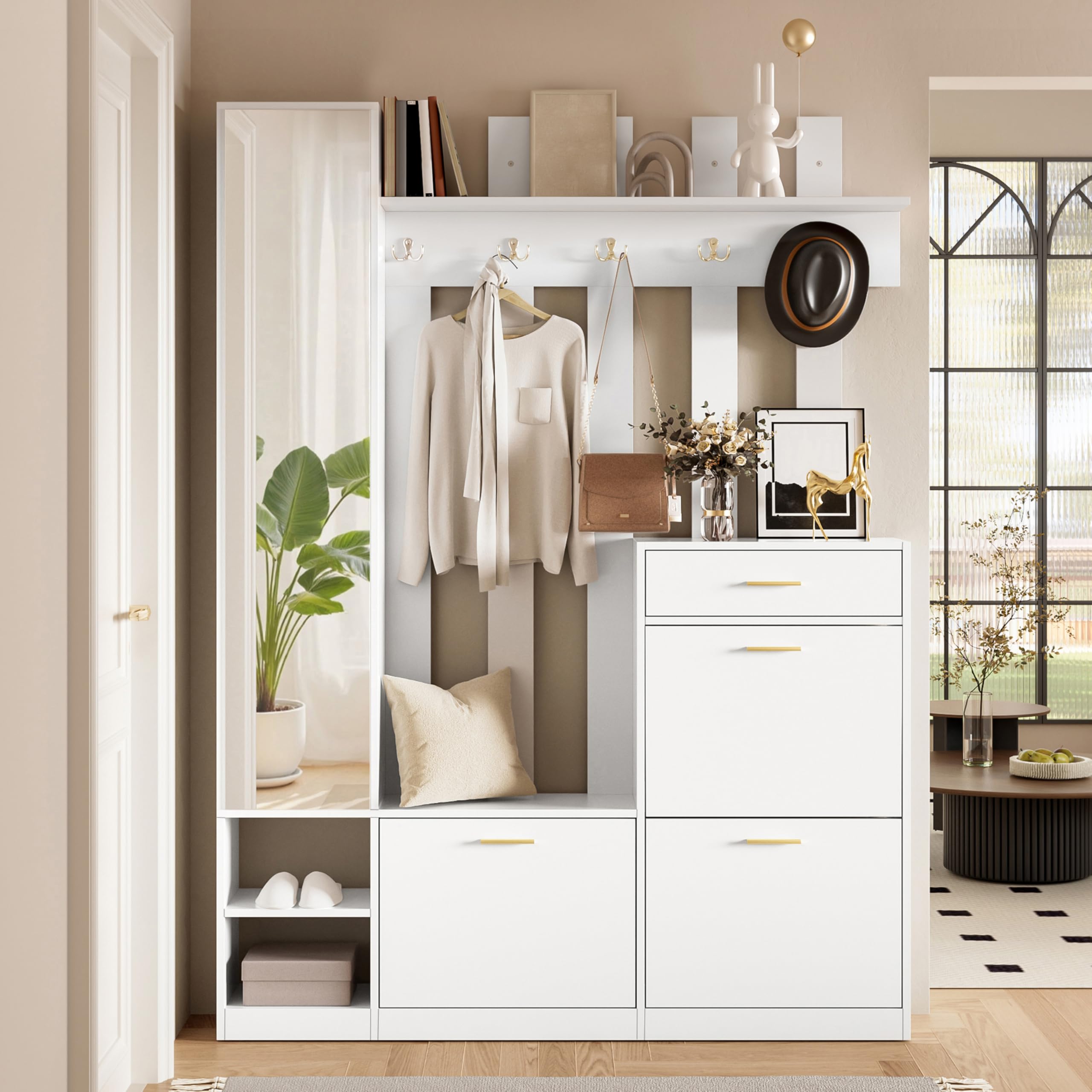 133 x 23,5 x 180 cm, set di guardaroba per corridoio, con specchio, 3 scarpiere, 1 cassetto e molti ganci, per corridoio, ingresso (bianco)