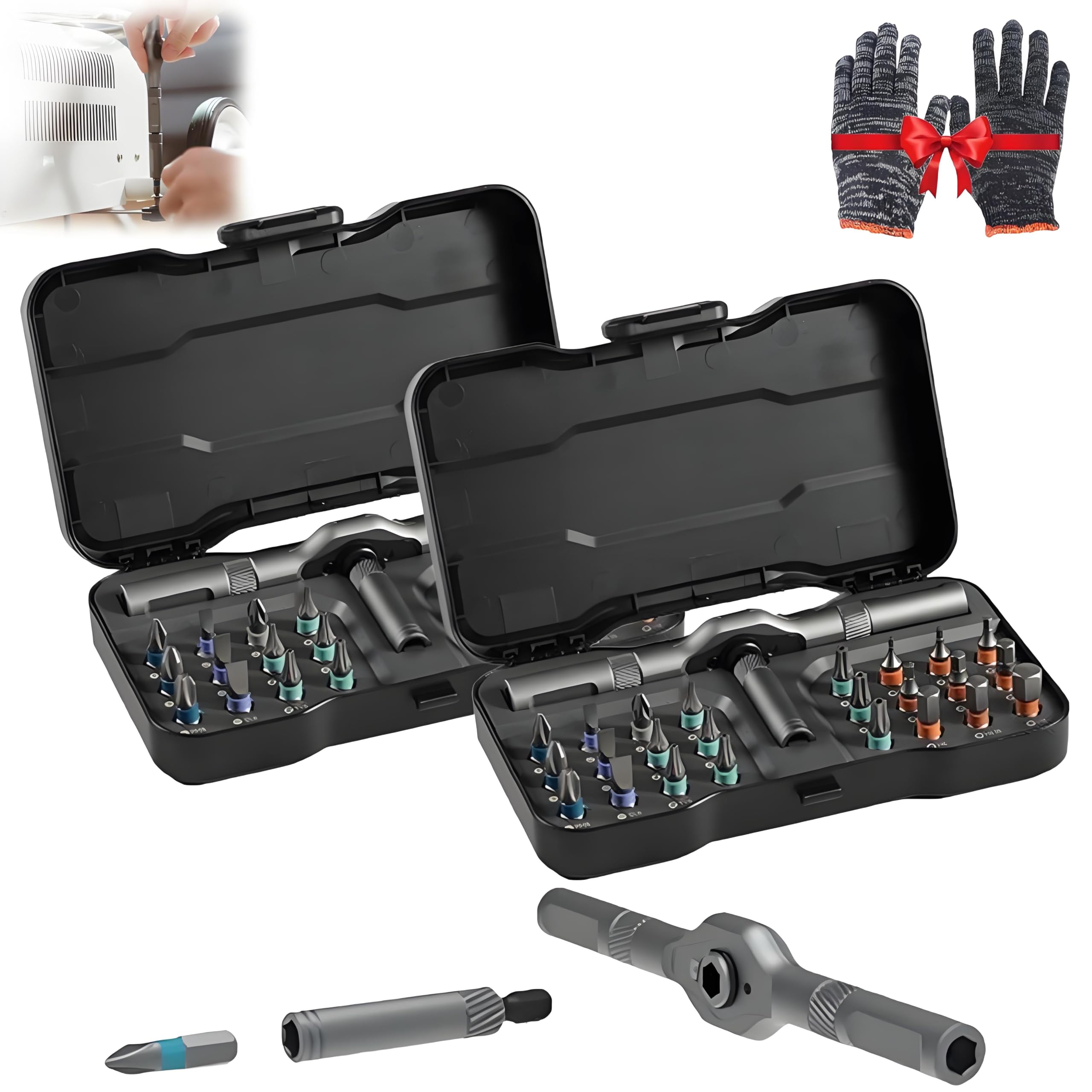 Screwdriver, Ratchet 24-in-1 Screwdriver Set, Ailsion Magnetic Hex Key Ratchet Set, DIY Handle Detachable Versatile Toolbox, Mixture T Handle Compact Portable Mech Tool (Black-2PCS)