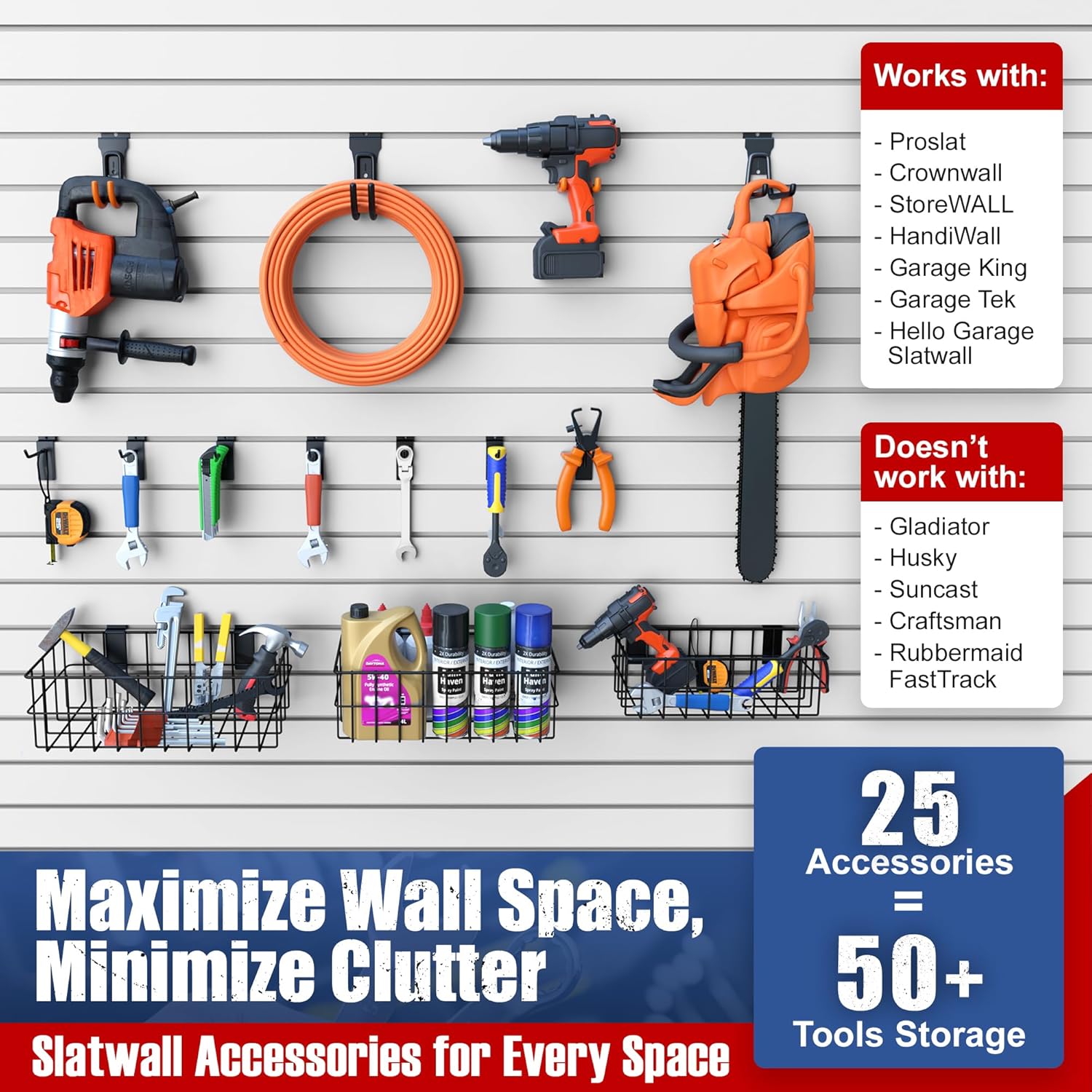 25PCS Slatwall Accessories Kit – 22 PCS Slatwall Hooks and 3 PCS Baskets - Slat Wall Accessory with Heavy Duty Slat Wall Hanging Hooks and Standard Slat Wall Hooks for Storage