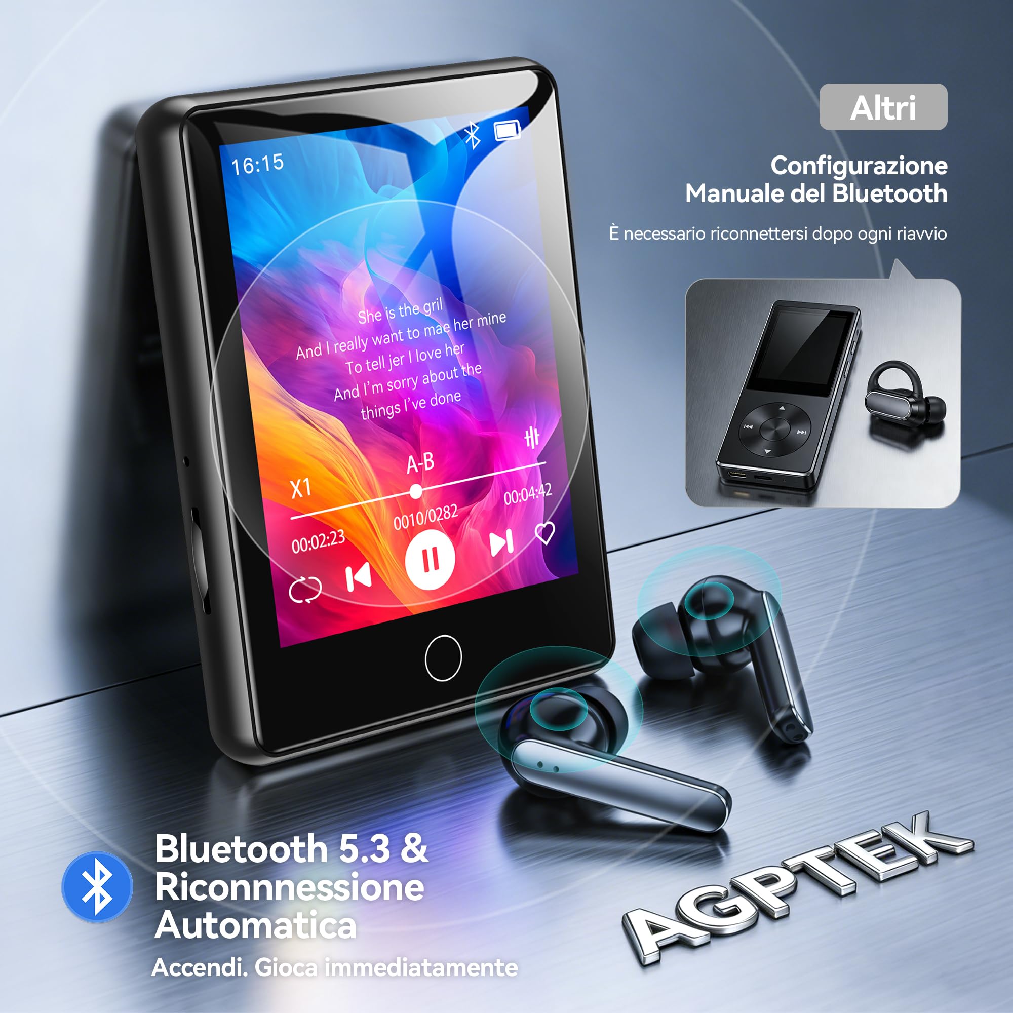 AGPTEK MP3 Bluetooth 5.3 con Schermo Tattile da 2,8", Lettore MP3 con Audio HiFi, Radio FM, Registratore e Altoparlante, 64GB Lettore Espandibile a 128GB, y Player Custodia in Silicone