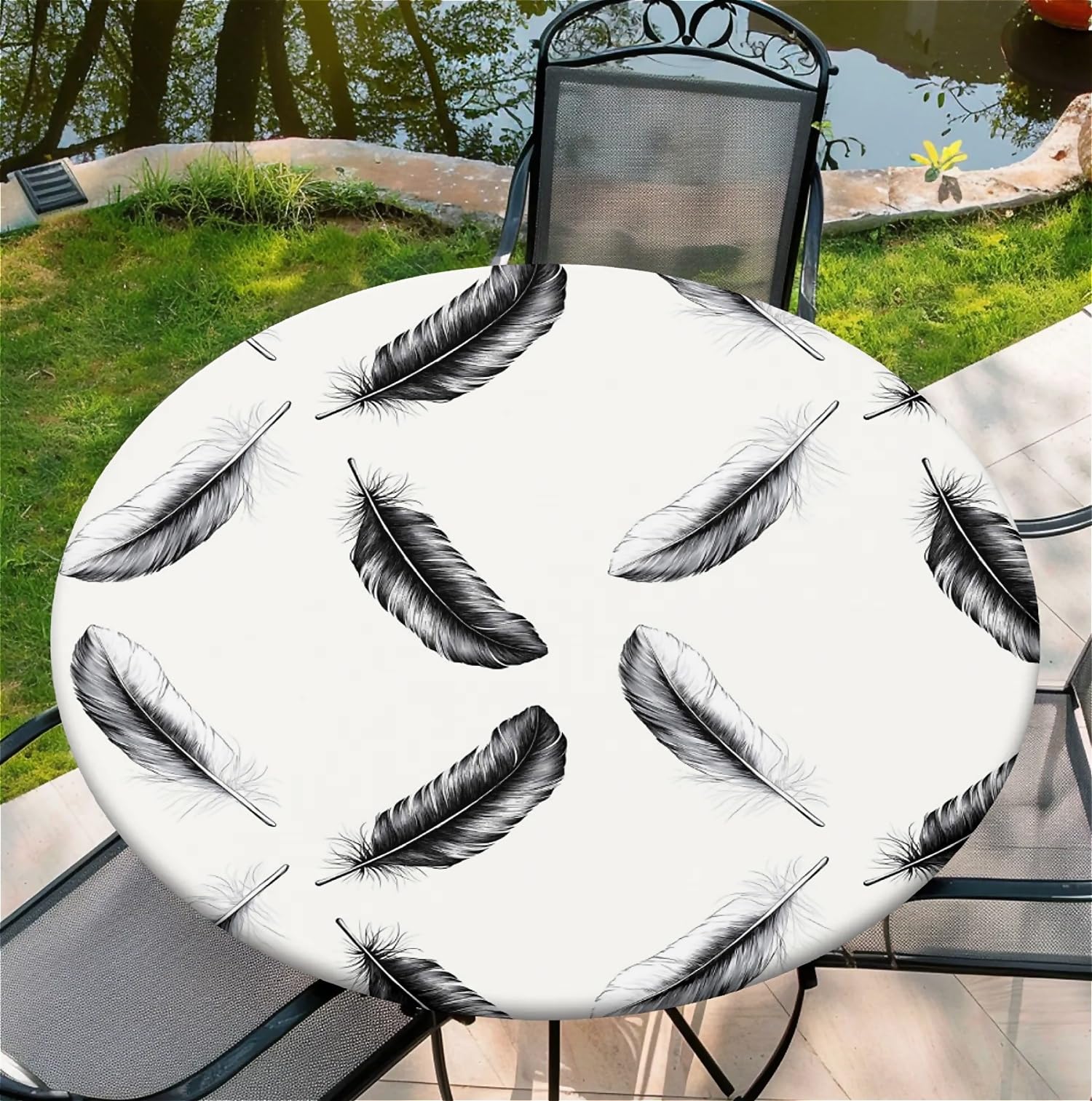 Outdoor Runde Tischdecke mit Gummizug Ø 44in(110cm)- Elastisch Garten tischdecke mit Eine fede Muster,Tische Gartentischdecke für Outdoor Küche Passend für 105-115cm