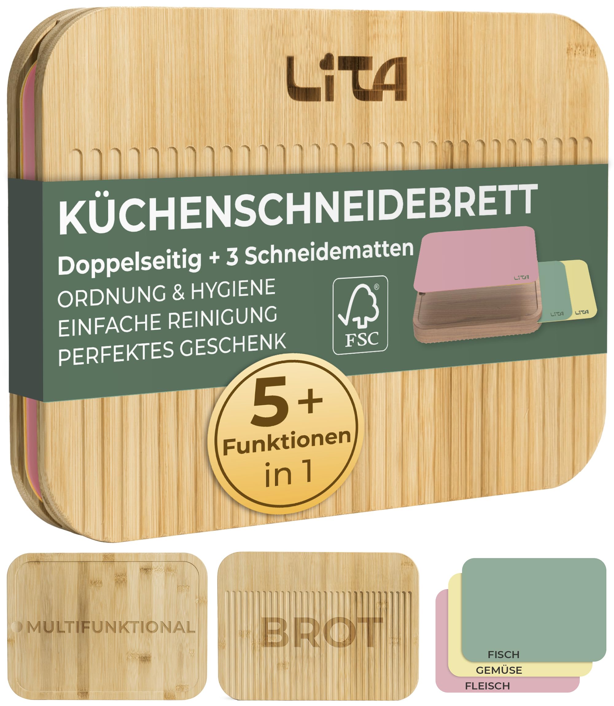 Schneidebrett Bambus XL - Doppelseitiges Holzschneidebrett mit 3 Austauschbaren PP-Schneidematten BPA-Frei - Antibakteriell & Rutschfest für Fleisch, Gemüse, Brot - LITA