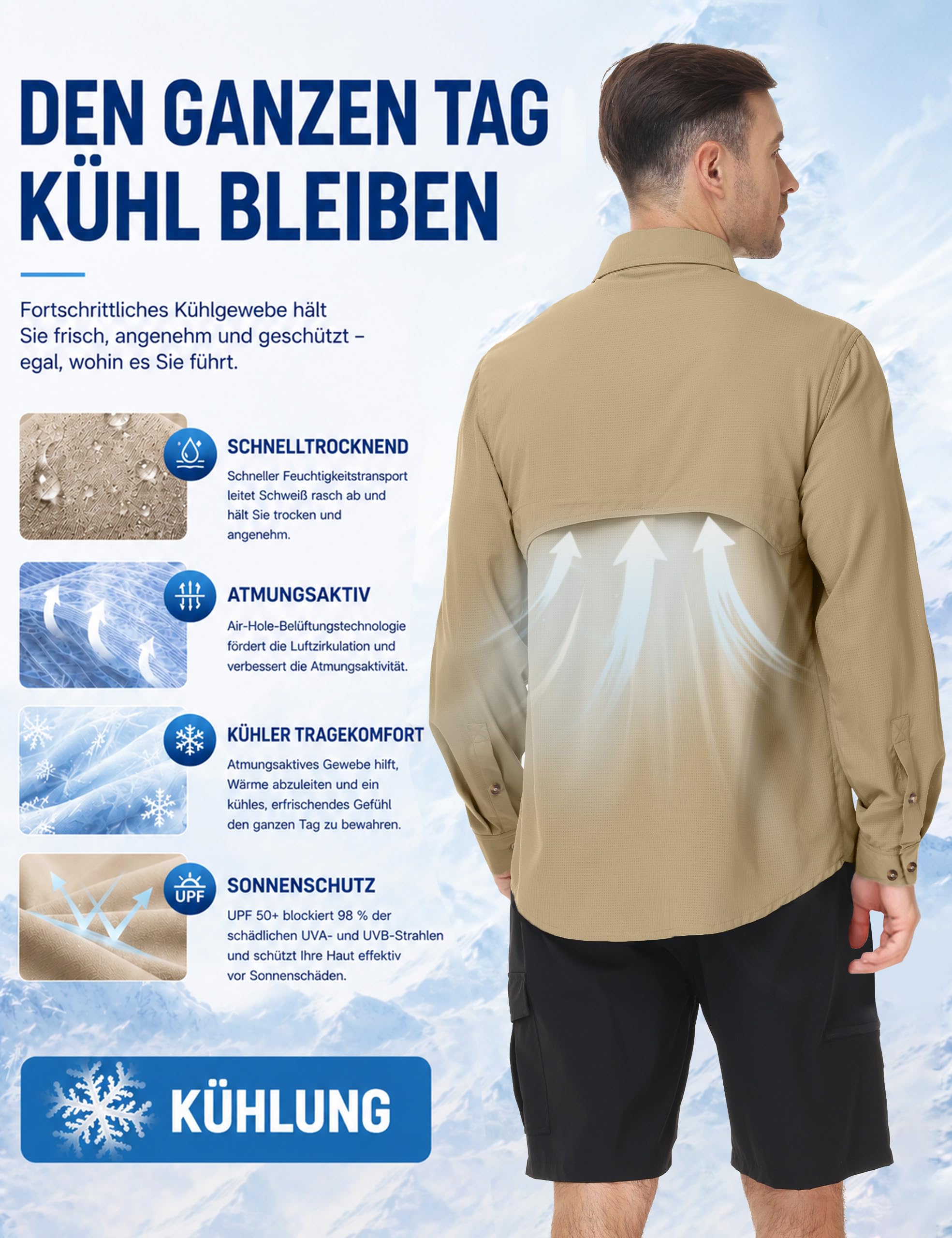 Herren Angelhemd Langarm, UPF 50+ UV-Schutz Funktionshemd Atmungsaktiv Schnelltrocknend, Outdoor Safari Button Down Freizeithemd für Wandern Trekking