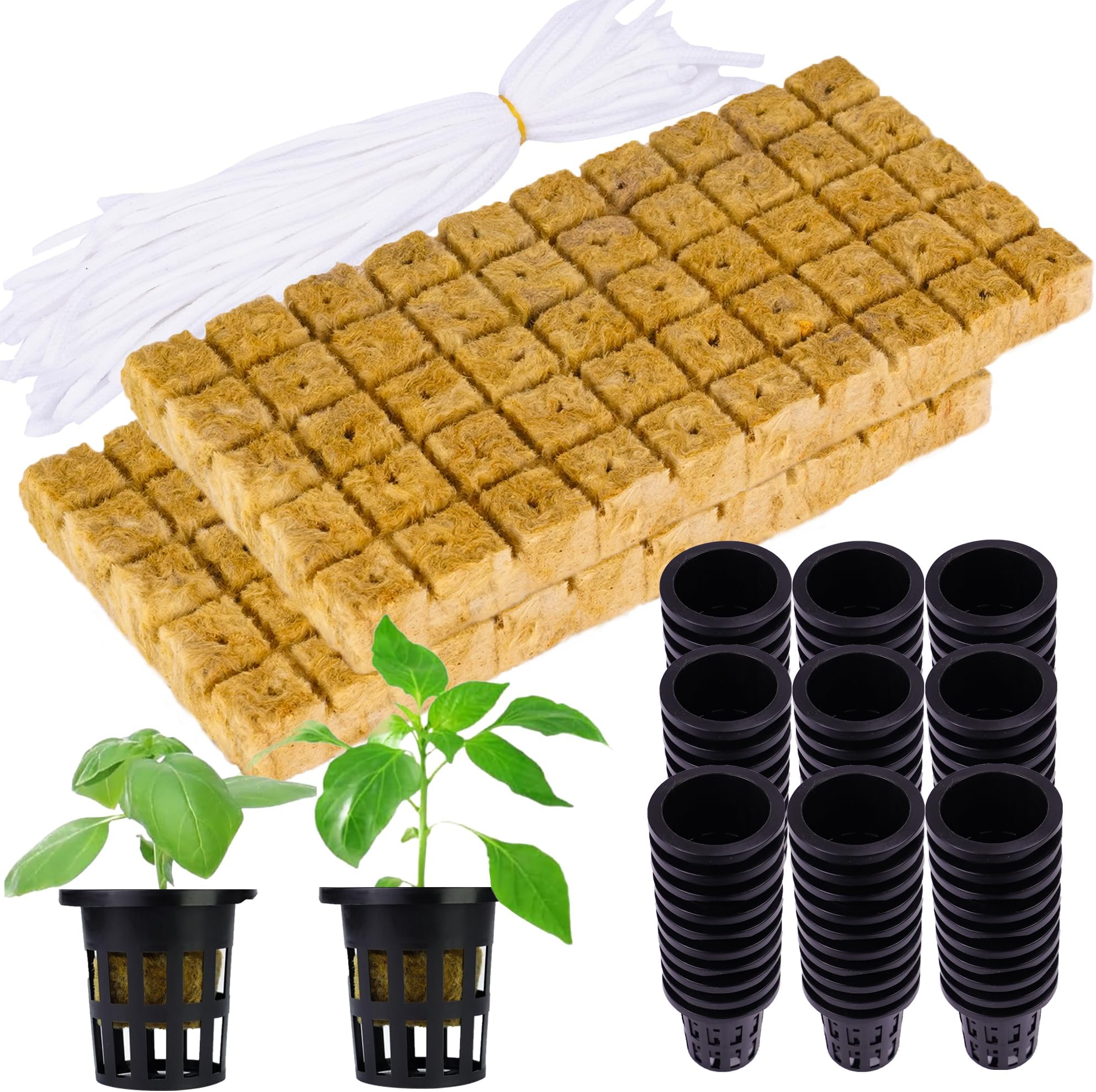 U0U 100 Sets Rockwool Cubes for Hydroponics with Net Pots