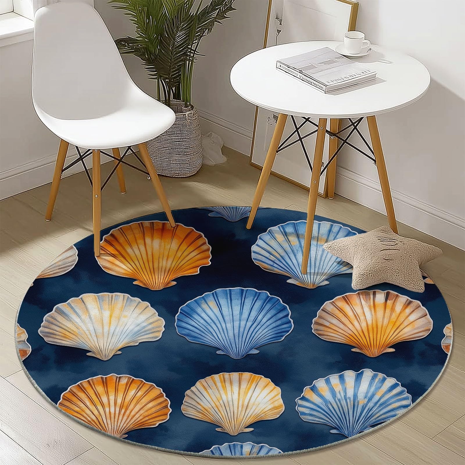 Tappeto rotondo da 245 cm, con stampa di elementi marini acquerellati, moderno, antiscivolo, in flanella, lavabile, per cameretta dei bambini, stanza dei giochi, camera da letto