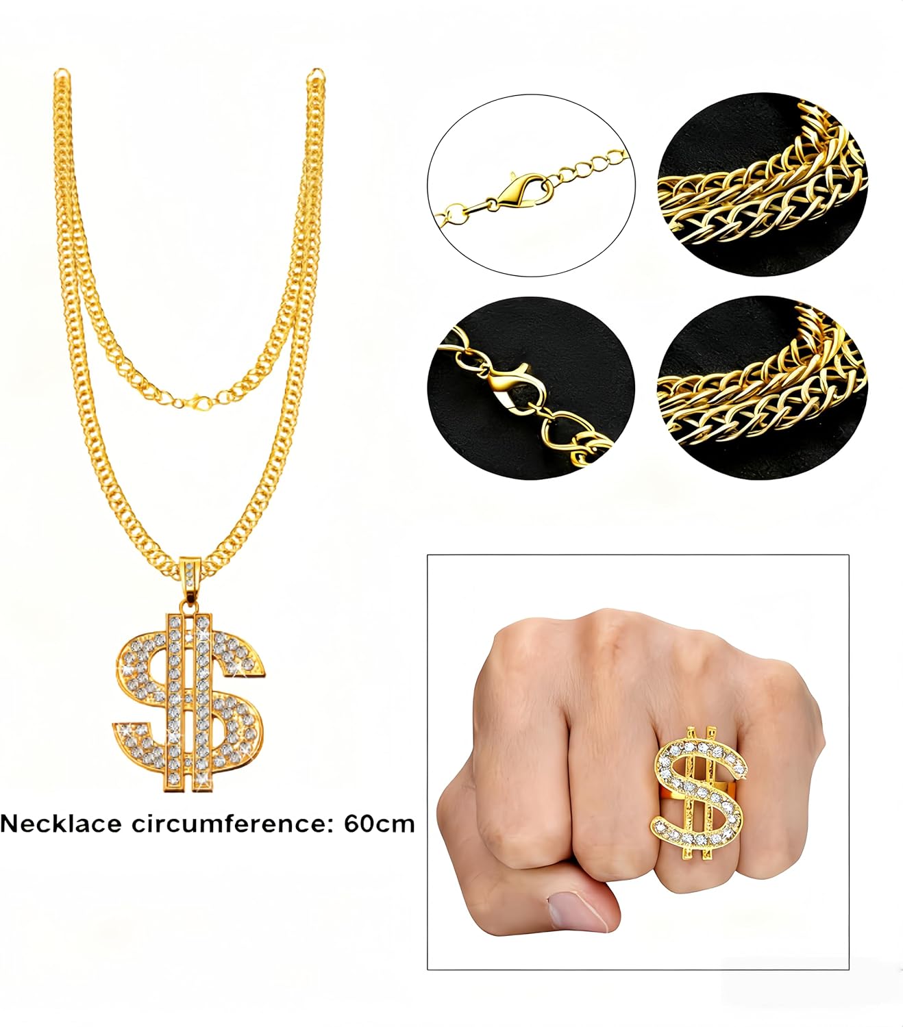 Gejoy Hip Hop Costume Kit 80s 90s Rapper Accessories Outfit for Men Women Sunglass Hat Chain Ring Halloween Party Decoration - Image 2