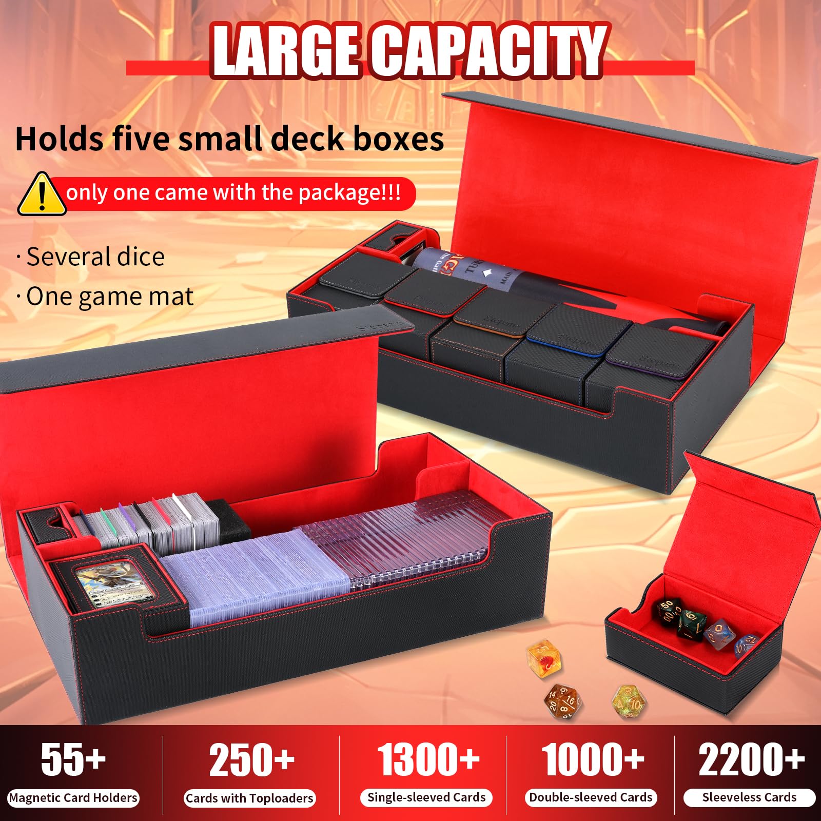 Trading Card Storage Box, 2200+ MTG Deck Box Leather Magnetic Closure Commander Deck Box, Holds 5 Small Deck Boxes, Includes 1 Small Box, 8 Dividers, 1 Foam Stopper, 1 Toploader, Black/Red