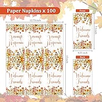 Vista 3 de Quera 100 servilletas de papel desechables con hojas de otoño con texto en inglés "Welcome Friends", servilletas de papel desechables para Acción