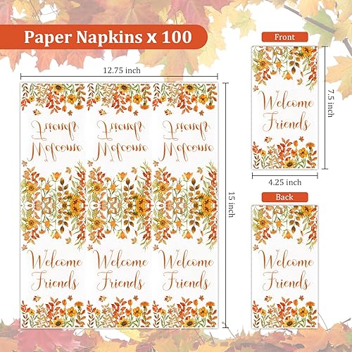 Miniatura 3 de Quera 100 servilletas de papel desechables con hojas de otoño con texto en inglés "Welcome Friends", servilletas de papel desechables para Acción de