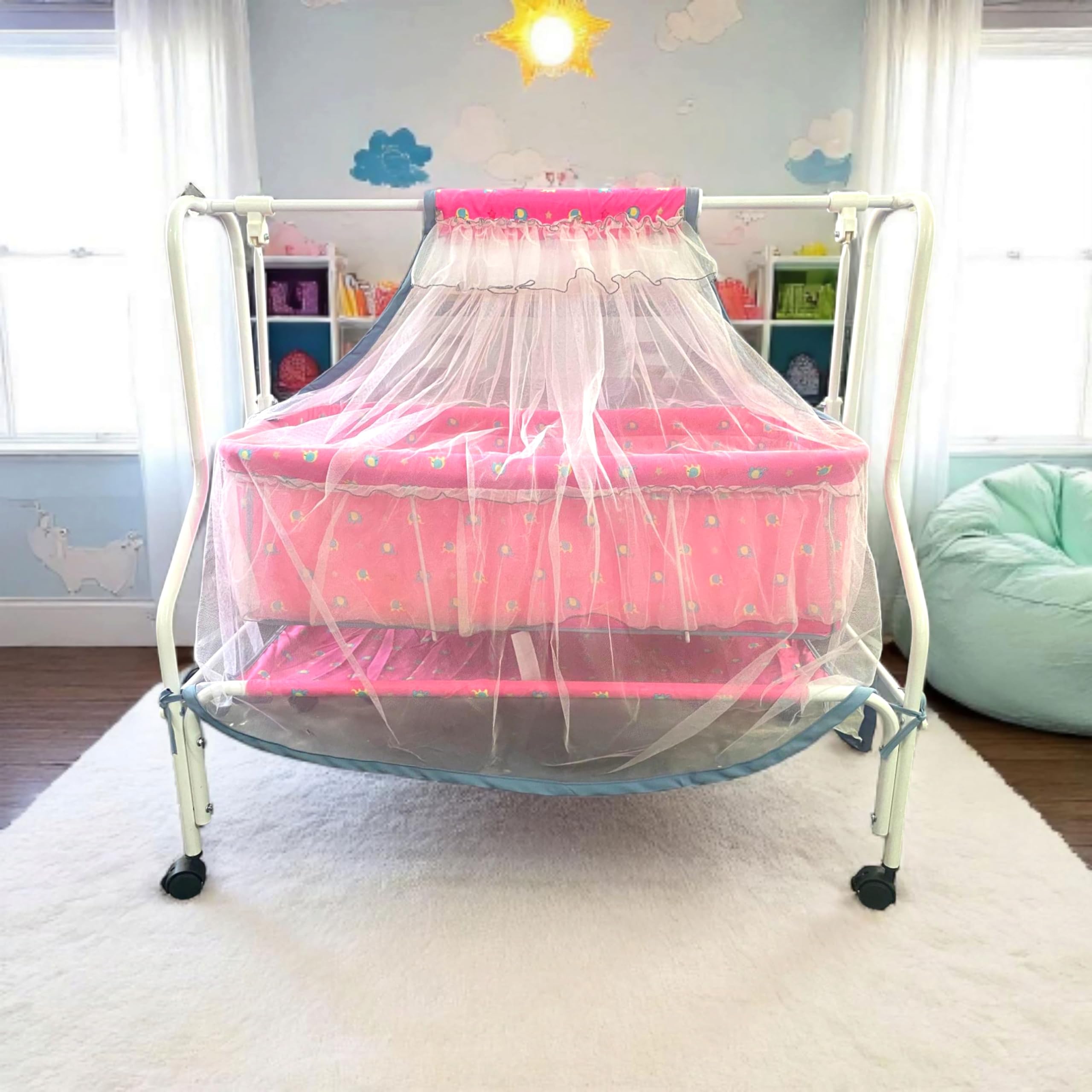 Kiddery Maia | Cradle for Baby | New Improved Mattress Design | Mosquito Protection Net | Smooth Swing | All Wheel Lock | Palna | Jhula | Uyyala| 0-10 Months | Pink 3
