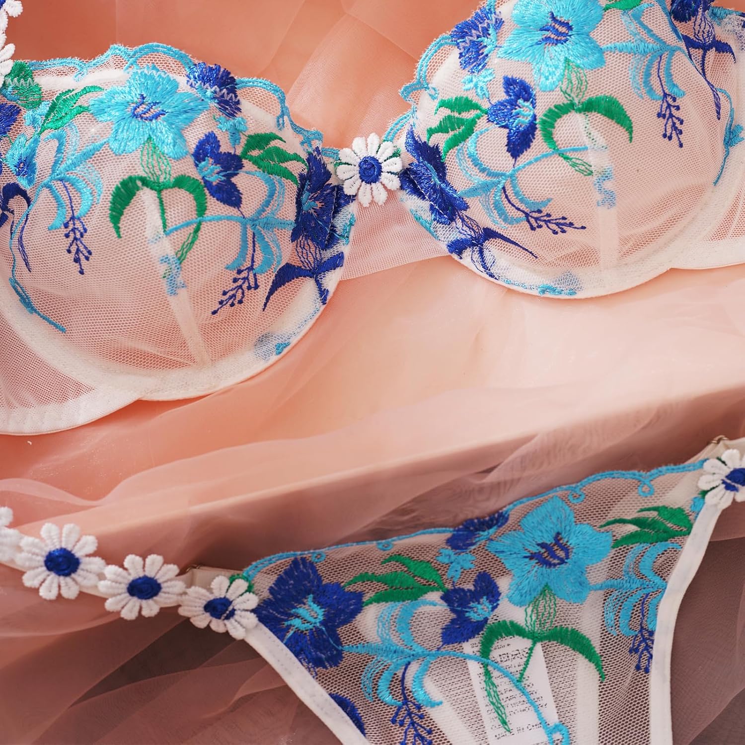 Womens Lingerie Set Underwire Cute Underwear Lace Mesh Blue Flora Embroidered Panty Bra - Image 4