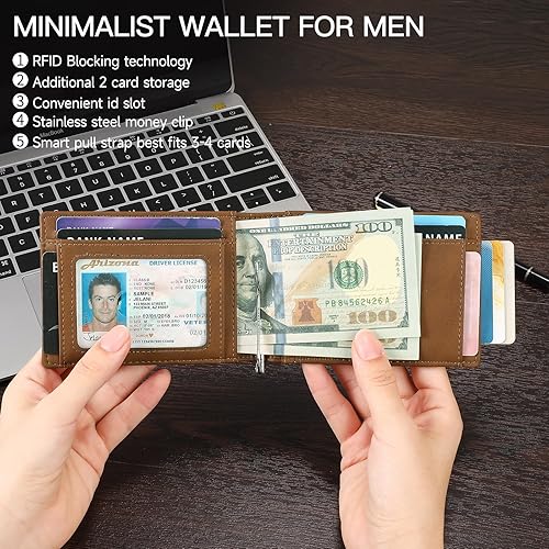 Miniatura 3 de SENDEFN Cartera delgada para hombres con clip para dinero, bloqueo RFID, plegable, de piel auténtica, minimalista, tarjetero con ventana