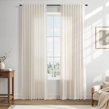 Warm Beige Linen Curtains 84 Inches Long Back Tab for Living Room 2 Panels Modern Farmhouse Set Hook Belt Linen Curtain Sheer Light Filtering Privacy Elegant Window Drapes for Dining Room 52x84