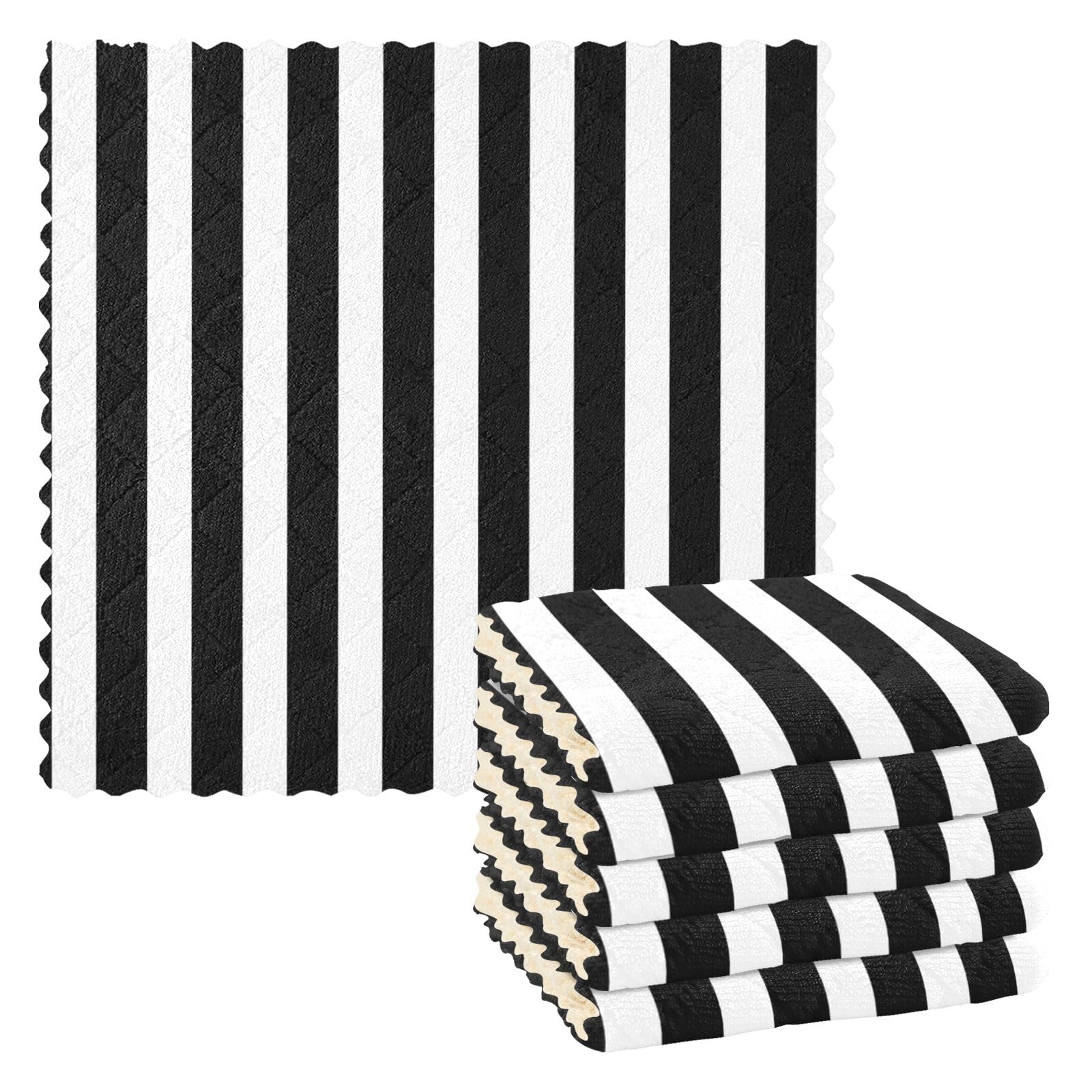 Dish Cloths Dish Towels Kitchen Towels 6 Pack Sets Absorbent Stripe Black and White Soft Decorative Reusable Nonstick Oil Washable
