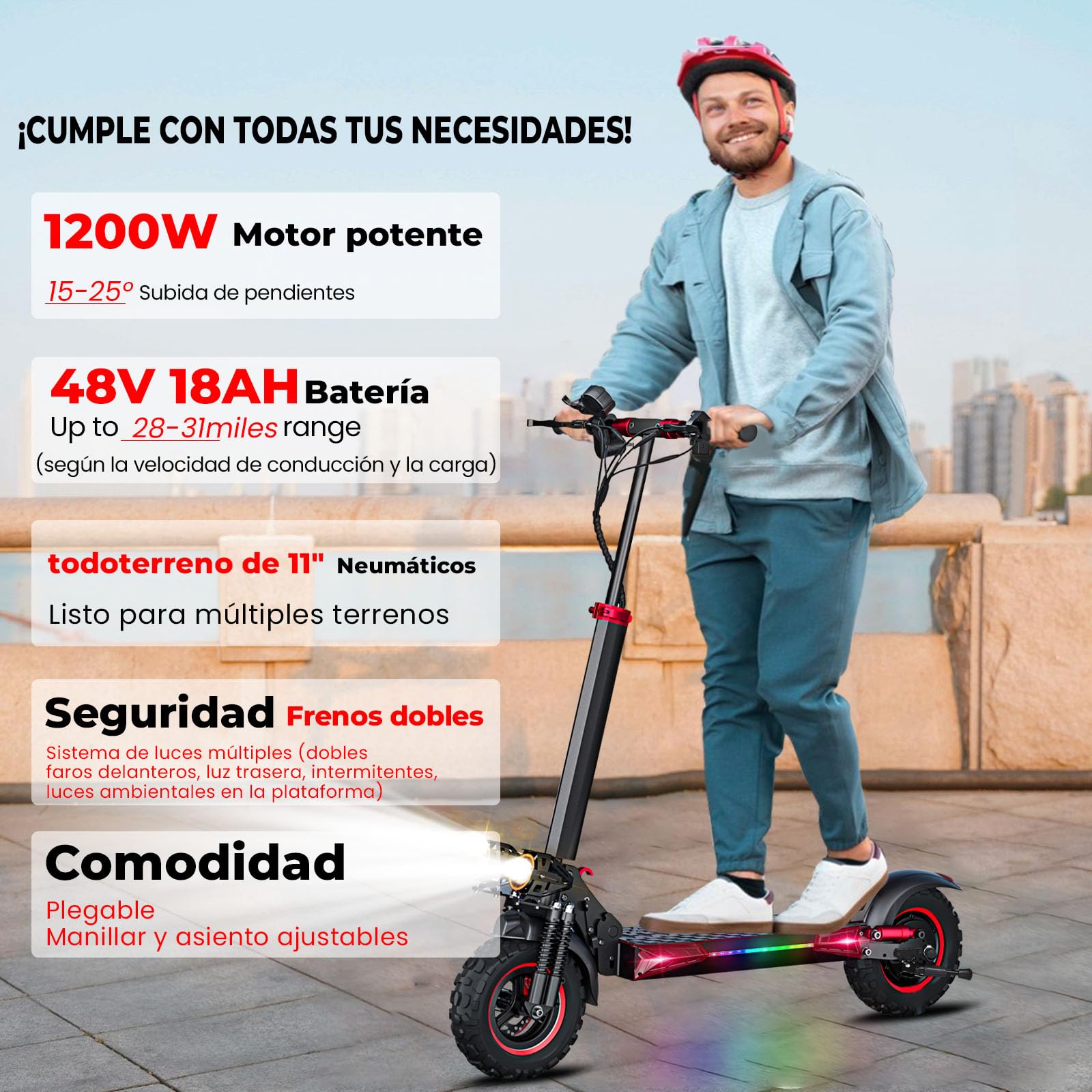1600W Patinete Eléctrico Adultos Autonomía 45-55KM, 48V/18Ah Batería, Ruedas 10.5" Todoterreno Electric Scooter Doble Frenado Sistema Patinete Electrico Plegable de Aluminio Capacidad Carga 150kg