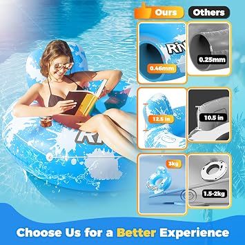 2025 New & Upgraded River Tubes for Floating Heavy Duty, Inflatable Float for Beach Lake Rafting, Fool Floats with Mesh Bottom, Cup Holder, Backrest