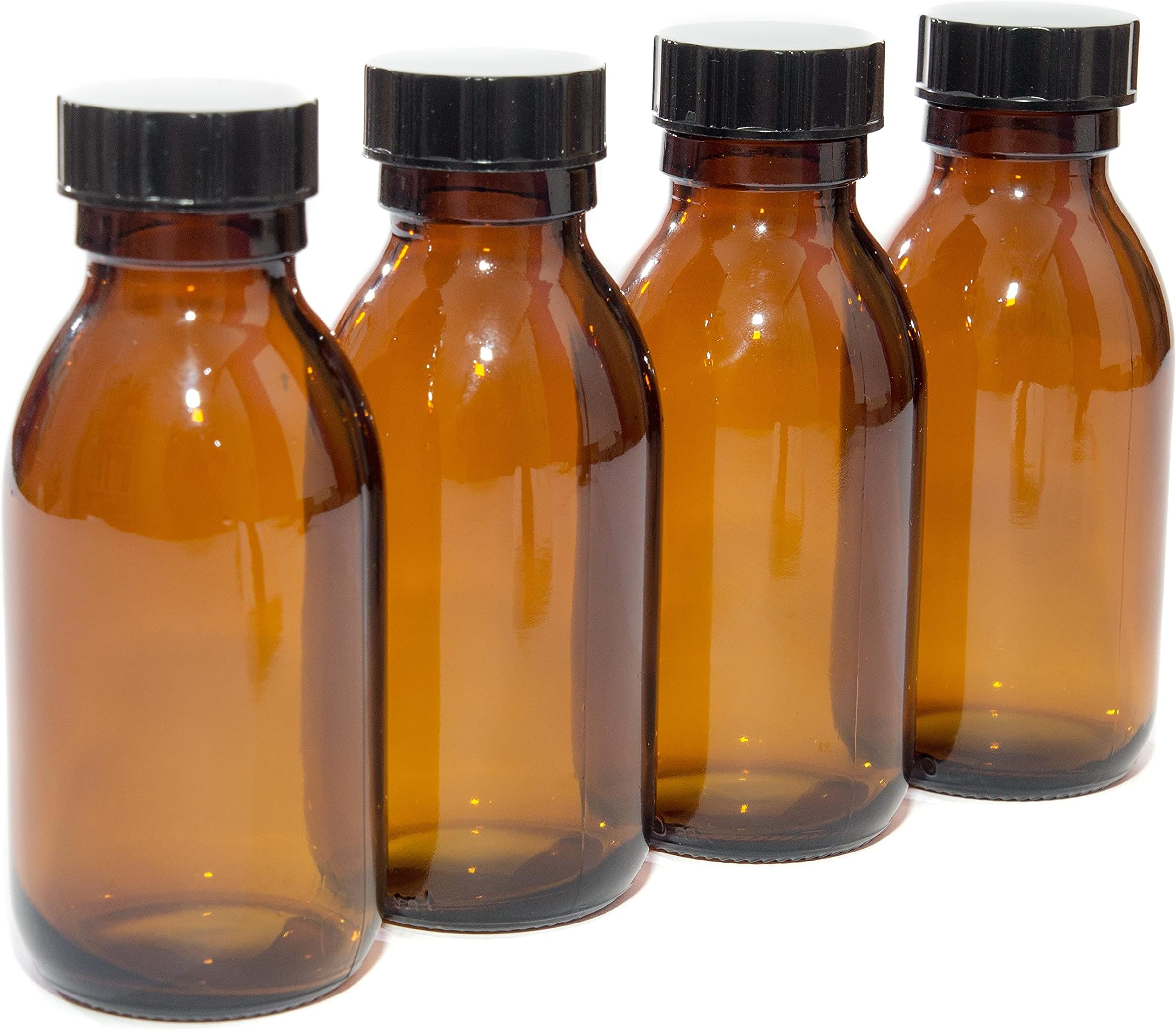 Aura 100ml AMBER GLASS Bottles with BLACK Lids - PACK of 4