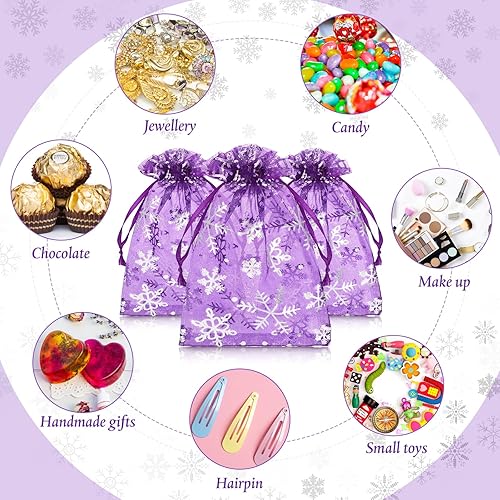 Miniatura 7 de 100 bolsas de regalo de organza con copos de nieve de Navidad de 4 x 6 pulgadas, pequeñas bolsas de malla para joyas, mini bolsas de dulces con