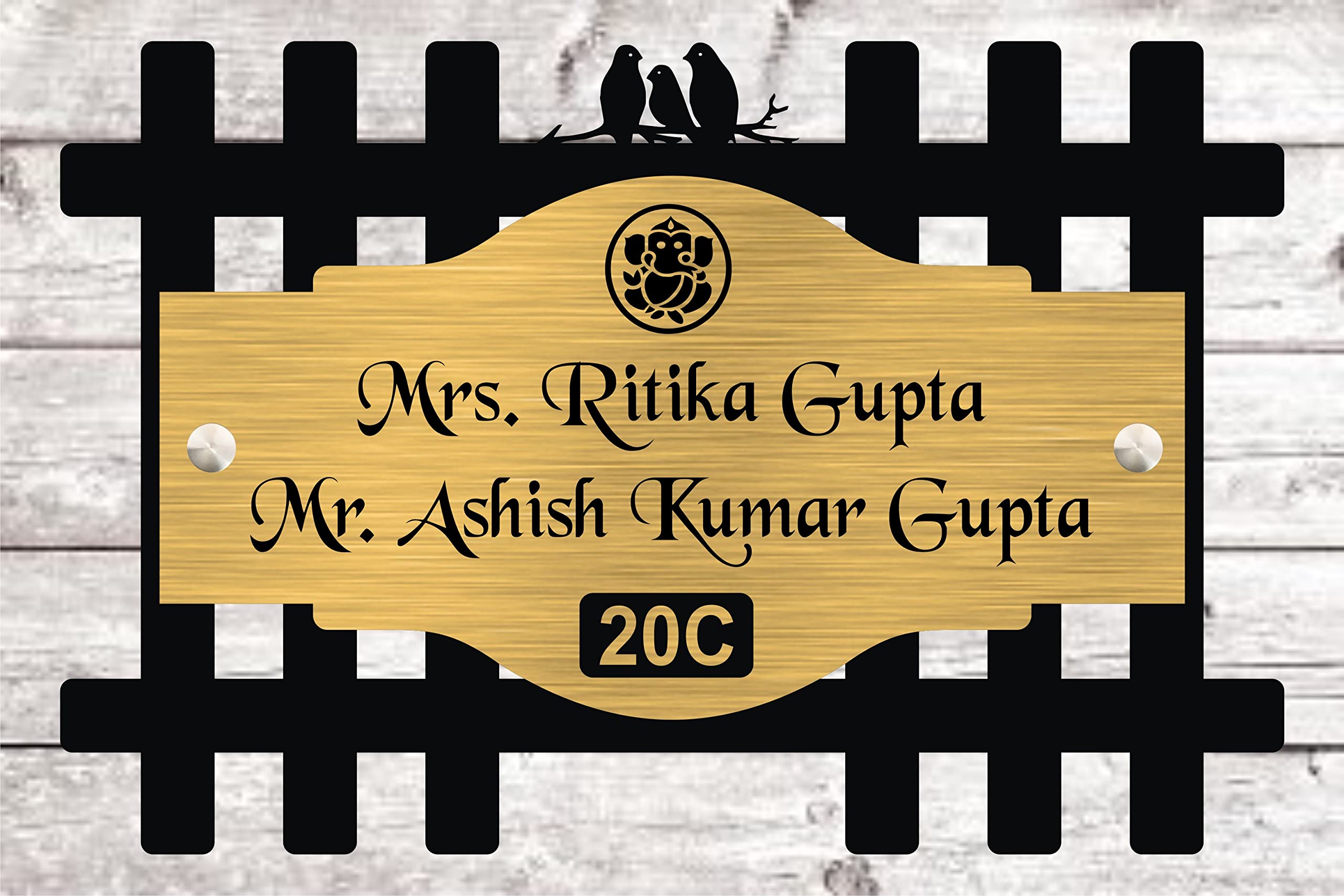 Chanda Creations Wooden Personalized Name Plate, Jali shaped Name Plate, Stylish Look, Enhances Home Entrance (Large 40x20, Golden)