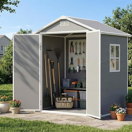 LARBANKE 6x4 FT Outdoor Resin Storage Shed with Floor & Window, All-Weather Waterproof Plastic Garden Tool Shed, Plastic Shed with Lockable Double Doors & Ramp for Mower, Bike,Backyard Storage, Gray