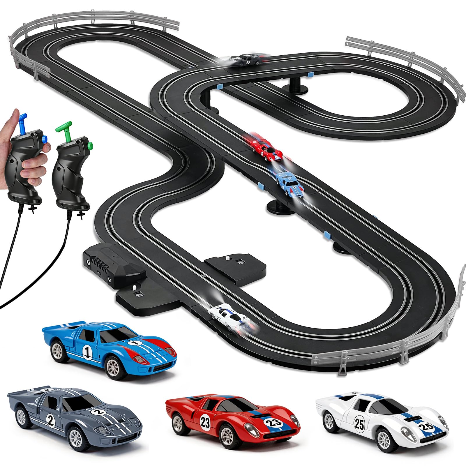 Autorennbahn, Kabellose Rennbahn Spielzeug mit 4 Slotcars, Doppelspur Rennstrecke & 2 Handreglern, Interaktives Familienspielzeug Geschenk für Kinder - 02