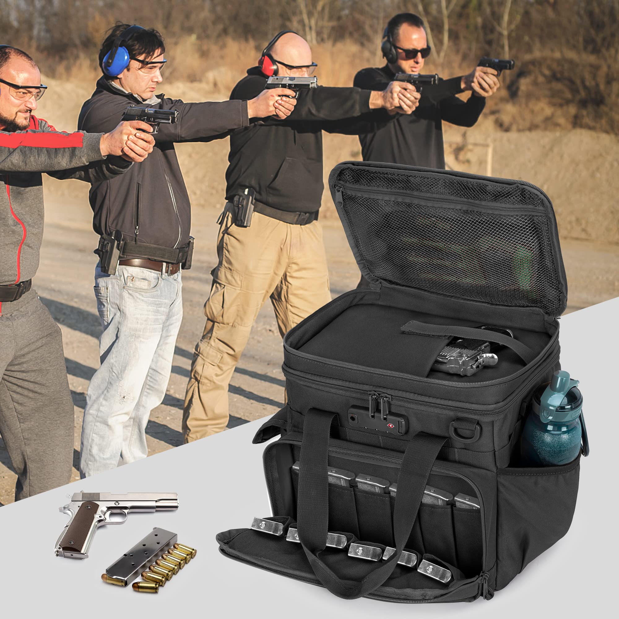 GOBUROS Borsa tattica per tiro con 2 custodie piccole per pistola, borsone per pistola con lucchetto TSA e 12 scomparti per caricatori, multitasche