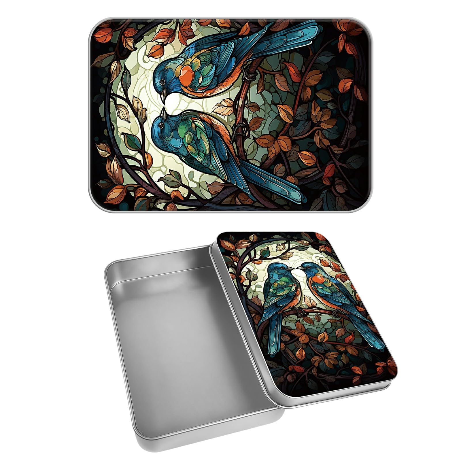 Rectangular Metal Tin Box with Removable Lid, Glass Birds Decorative Printed Metal Storage Container for Cash Ticket Credit Card Check 3.46 x 2.36 x 0.7 inch– Single Pack