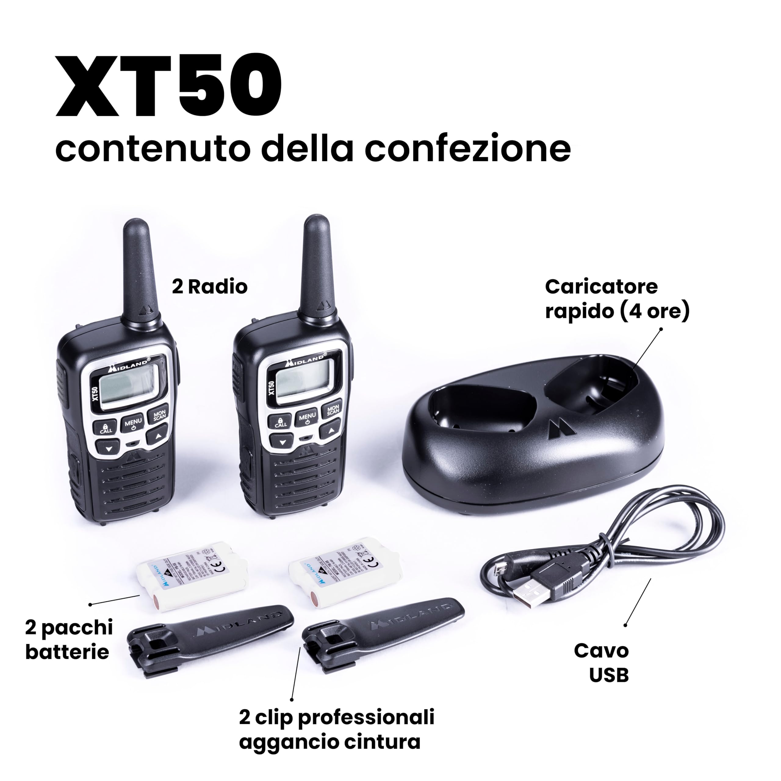 Midland - Walkie Talkie XT50, 2 Ricetrasmittenti Ideali per Outdoor e Cantieri, 24 Canali PMR446 Senza Licenza, 38 Toni CTCSS, Copertura 8Km, Ricarica Rapida, Autonomia 12H, Ricaricabile con USB