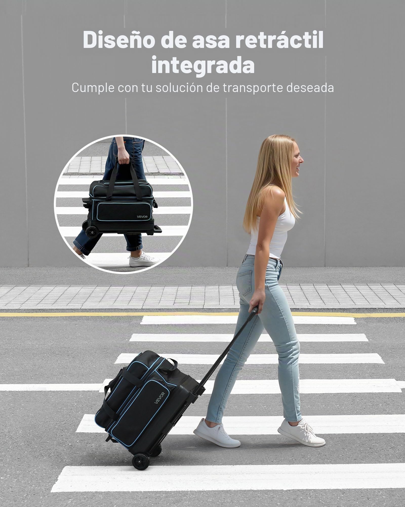 VEVOR Bolsa para 2 Bolas con Ruedas Dobles, Compartimento Separado para Zapatos hasta Talla 16 EE. UU. y Bolsillo Extragrande para Accesorios. Asa Retráctil Extensible hasta 105 cm, Negro Azul